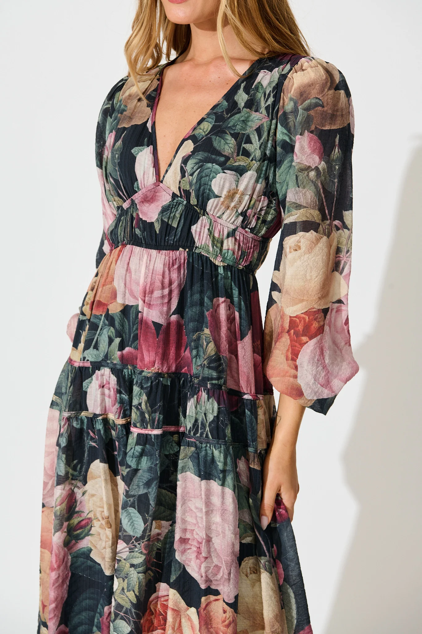 Brigette Midi Dress in Black with Multi Floral Print - Image 5