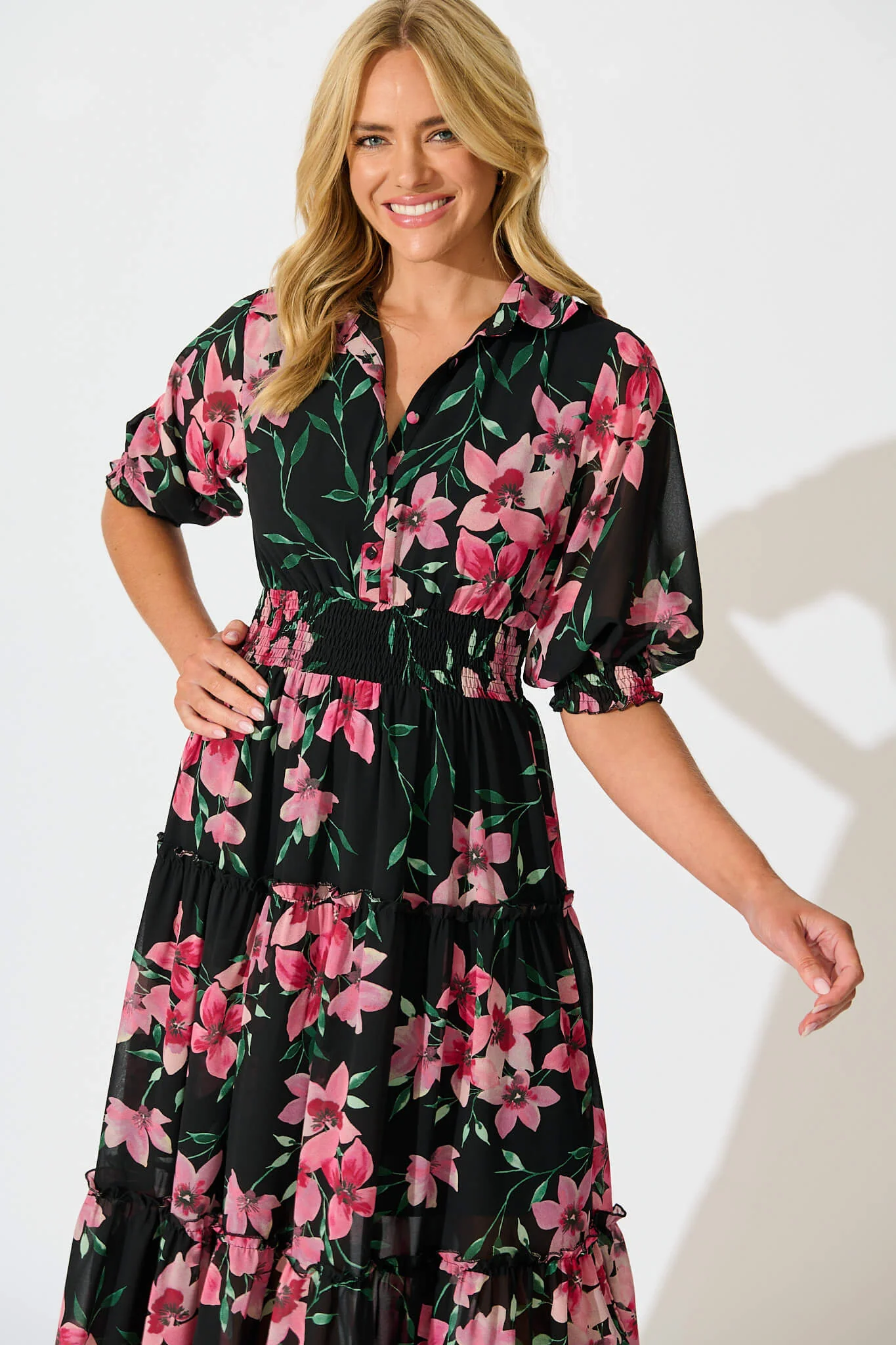 Brittney Midi Dress In Black And Pink Floral Chiffon - Image 2