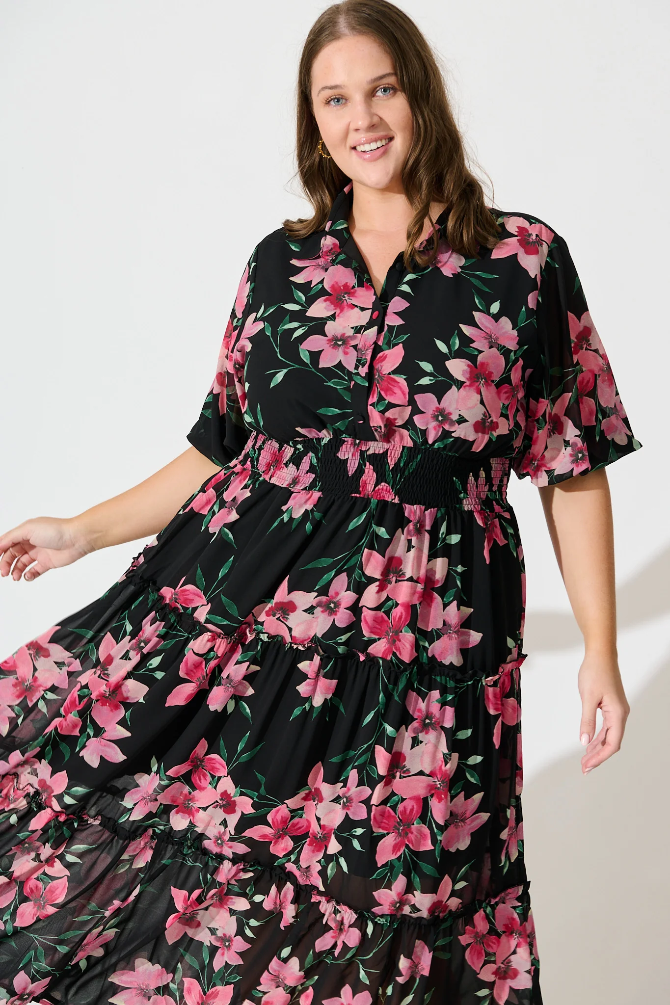 Brittney Midi Dress In Black And Pink Floral Chiffon - Image 6