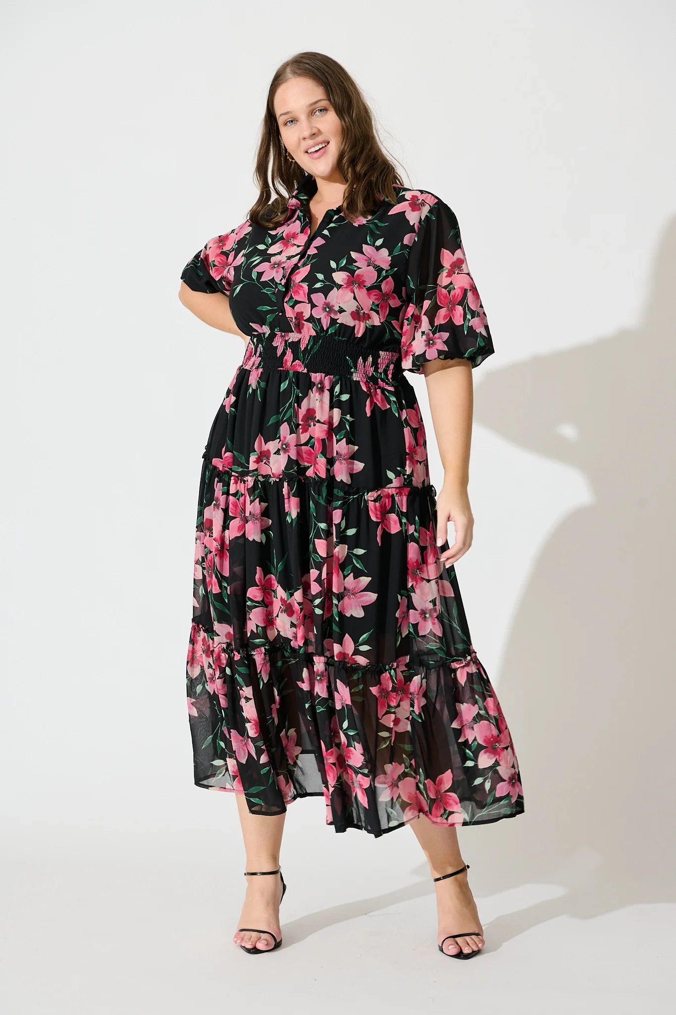 Brittney Midi Dress In Black And Pink Floral Chiffon - Image 7