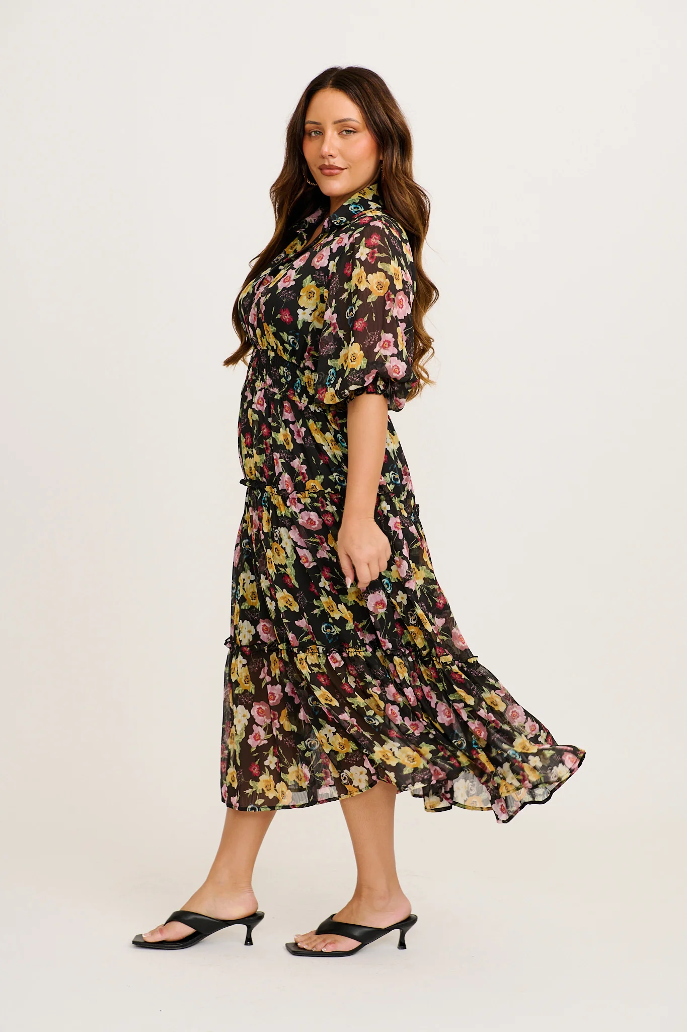 Brittney Midi Dress in Black Multi Floral Chiffon - Image 11