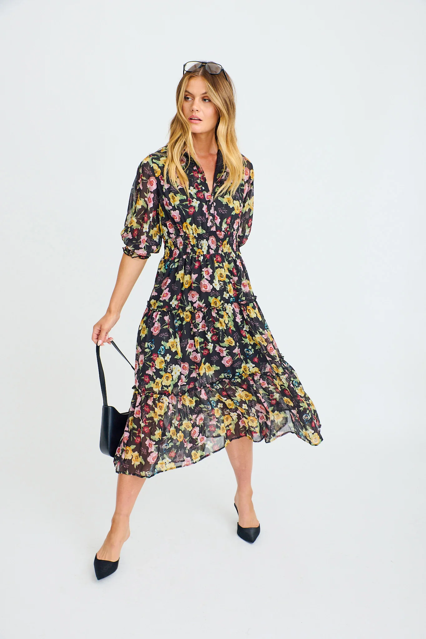 Brittney Midi Dress in Black Multi Floral Chiffon - Image 5