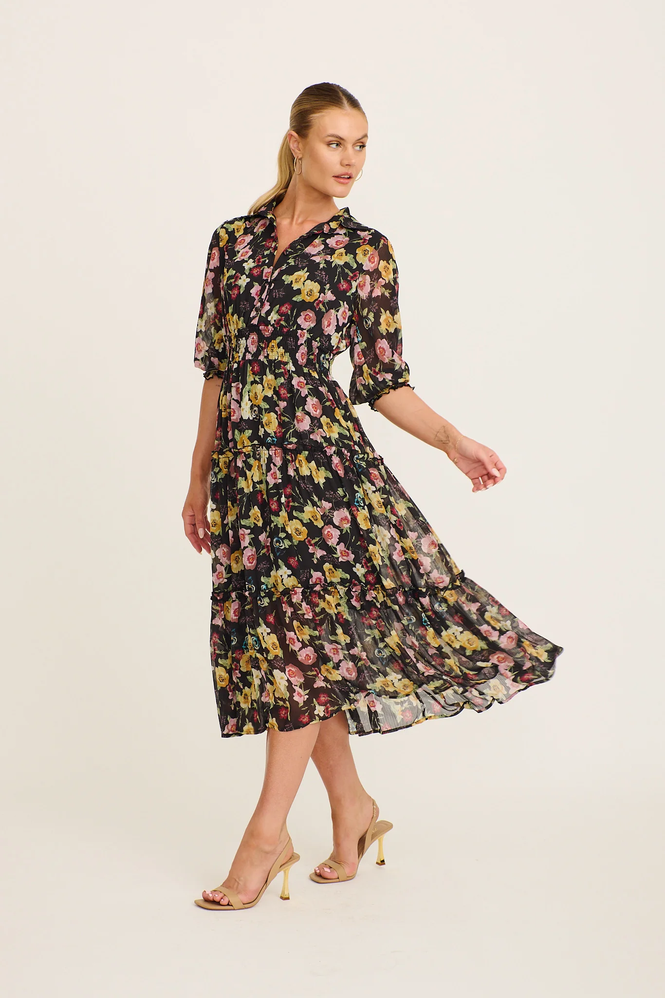 Brittney Midi Dress in Black Multi Floral Chiffon - Image 9