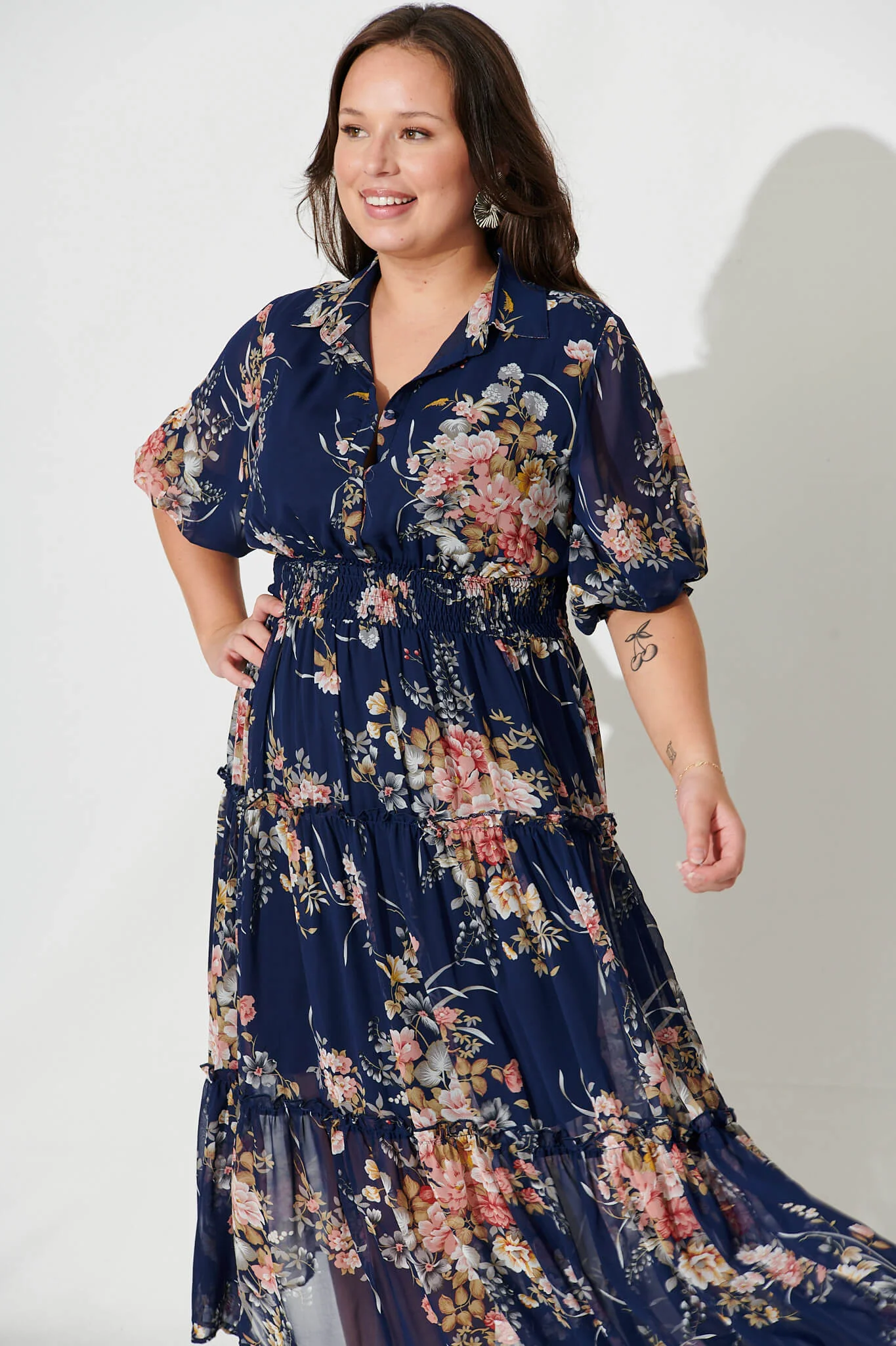 Brittney Midi Dress In Navy And Pink Floral Chiffon - Image 6