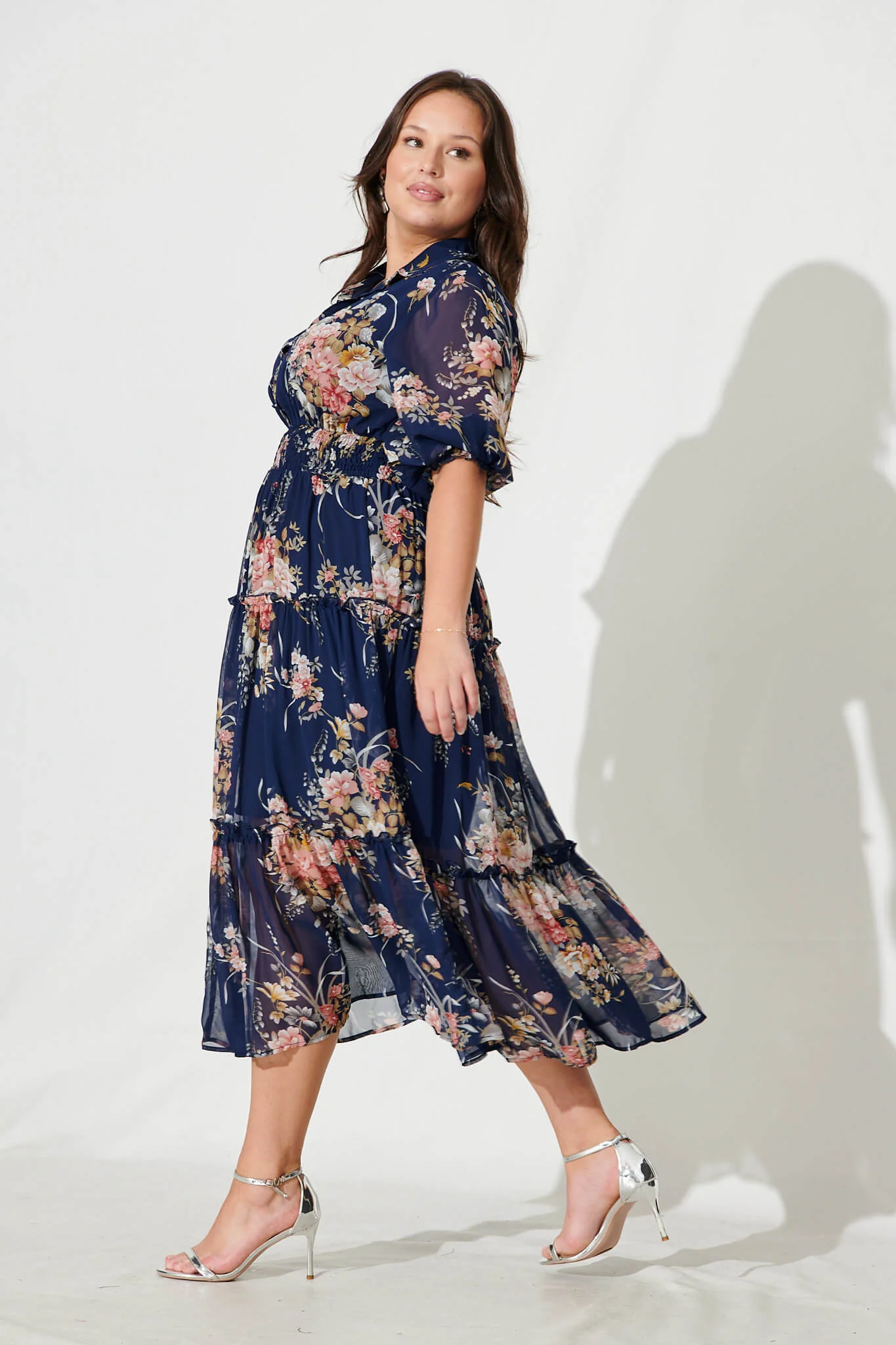 Brittney Midi Dress In Navy And Pink Floral Chiffon - Image 8