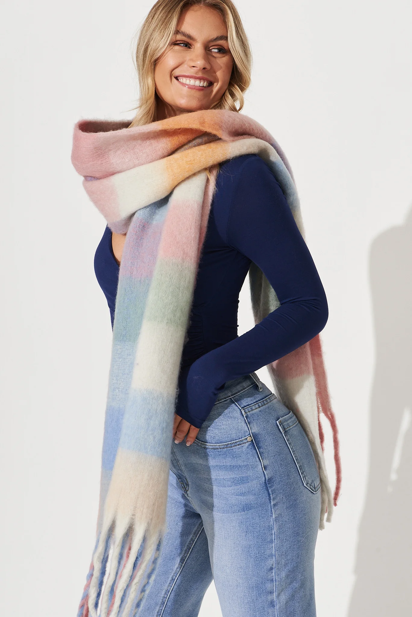 Brooklyn Oversized Knit Scarf In Multi Pastel With Pink And Blue Check - Image 3