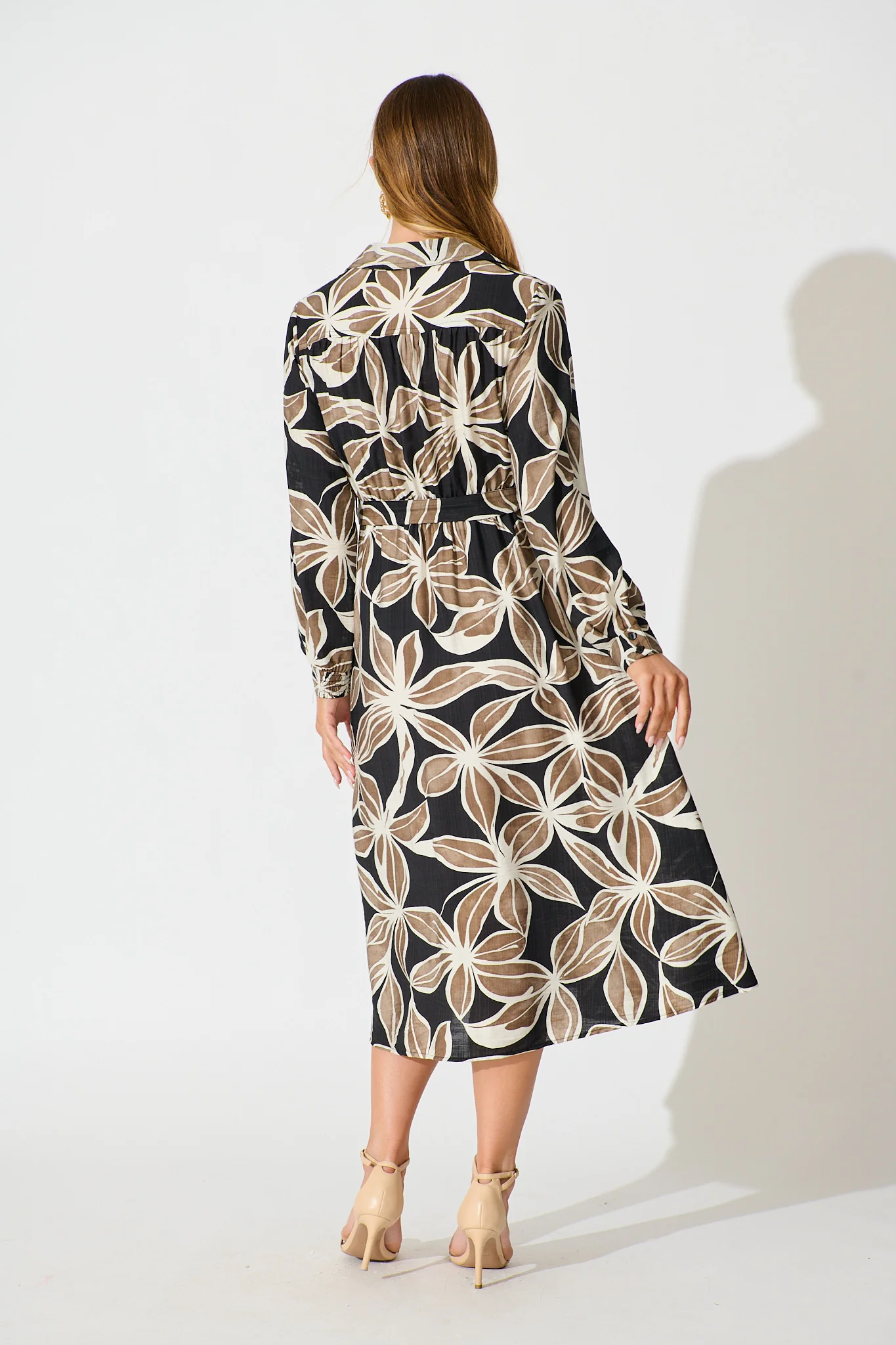 Brunswick Midi Shirt Dress in Black with Brown Leaf - Image 4