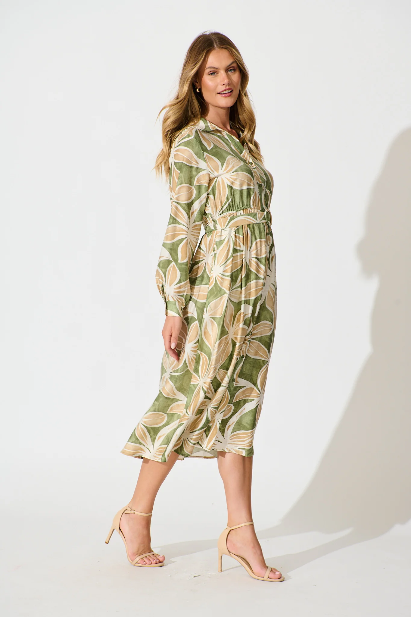 Brunswick Midi Shirt Dress in Green with Beige Leaf - Image 3