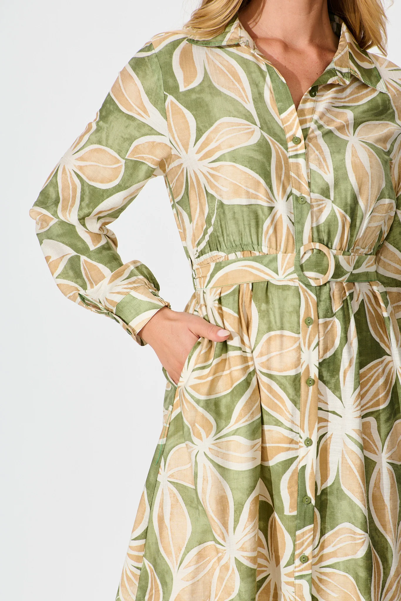 Brunswick Midi Shirt Dress in Green with Beige Leaf - Image 5