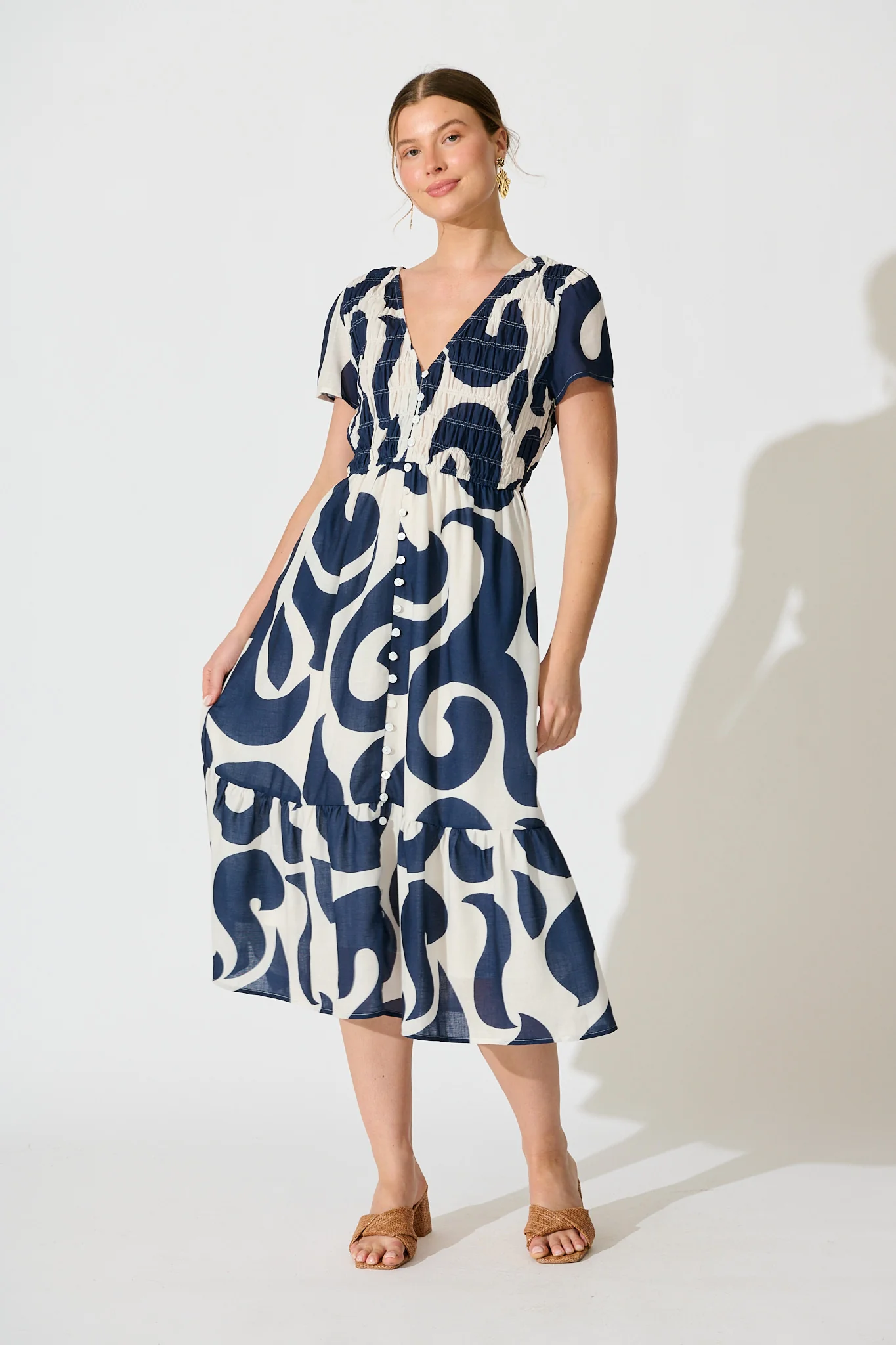 Calandra Midi Dress in Navy Swirl Linen Blend