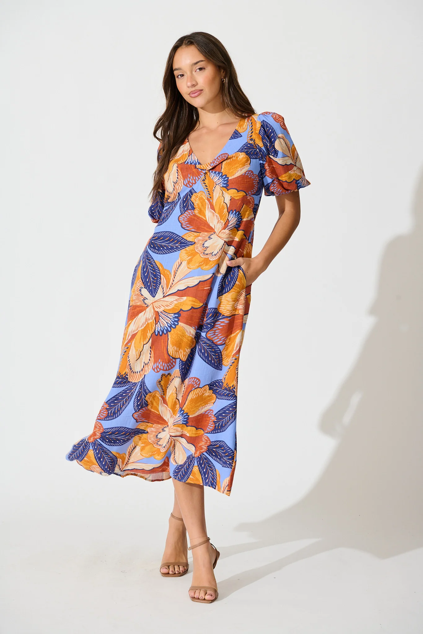 Calissa Midi Dress in Multi Print Linen Blend