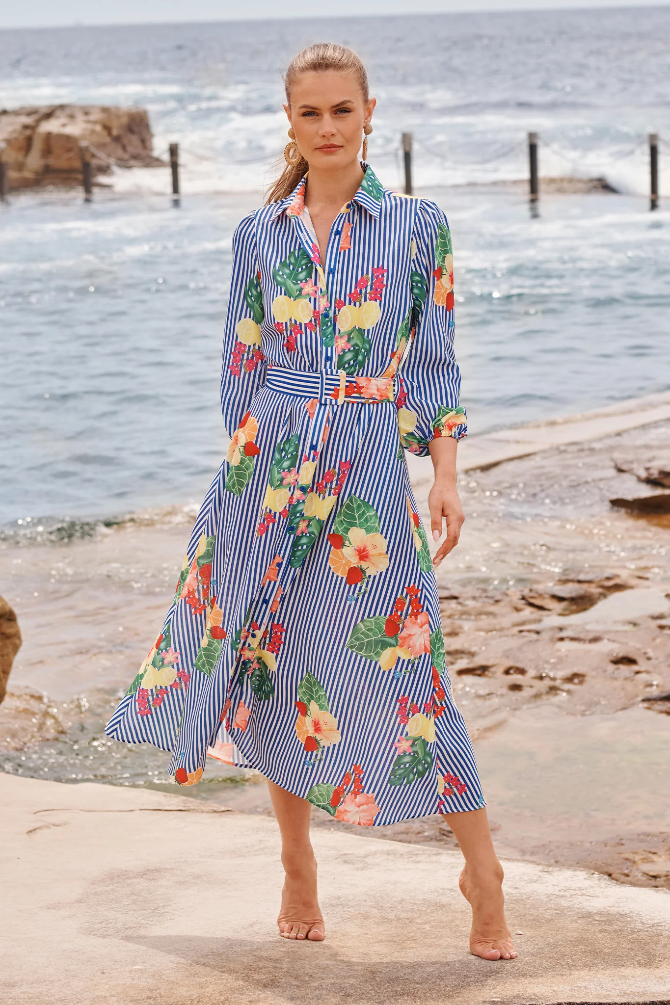 Callidora Maxi Shirt Dress in Blue Stripe Print Linen Blend