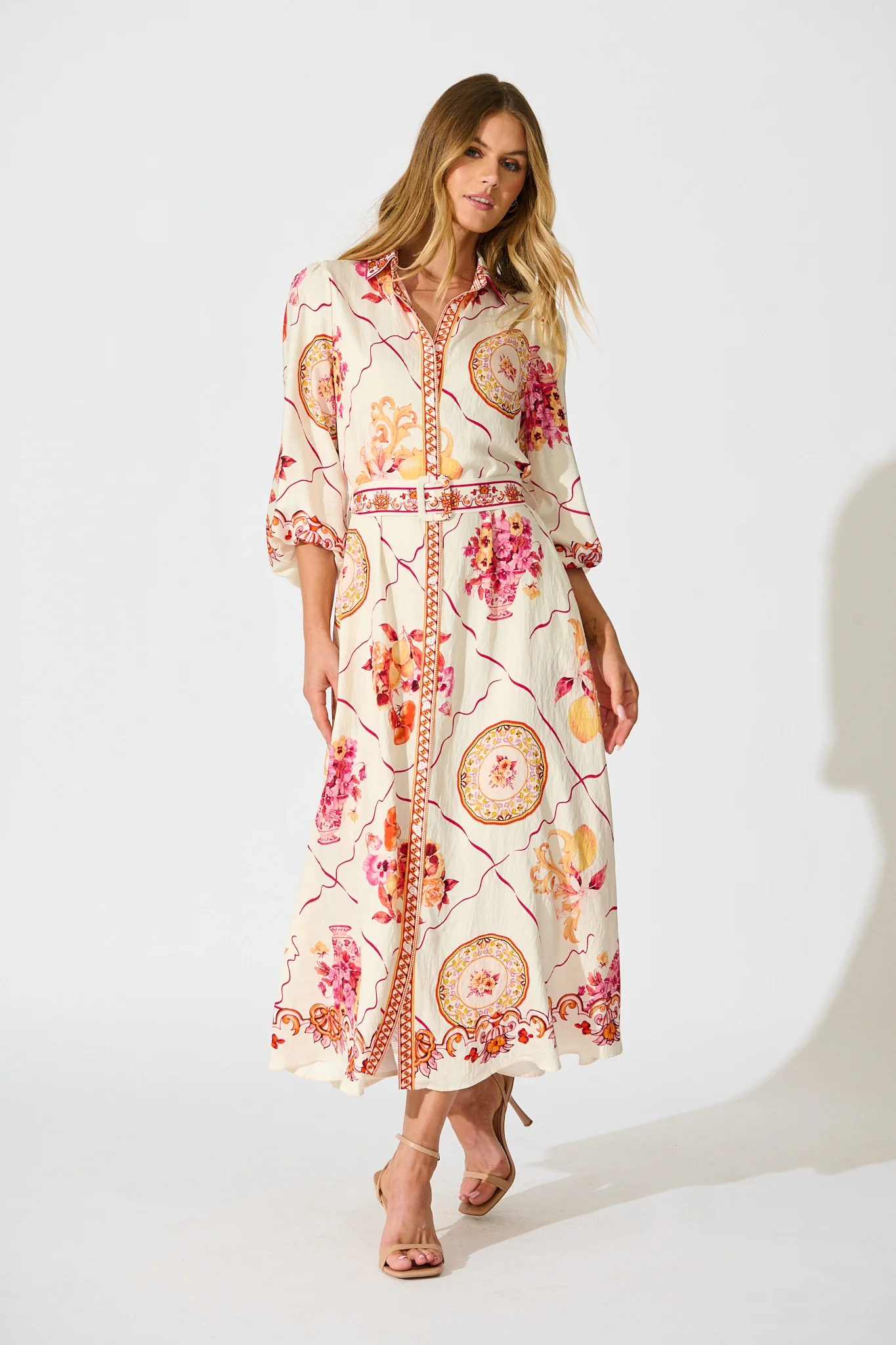 Callidora Maxi Shirt Dress In Pink Floral Print Linen Blend