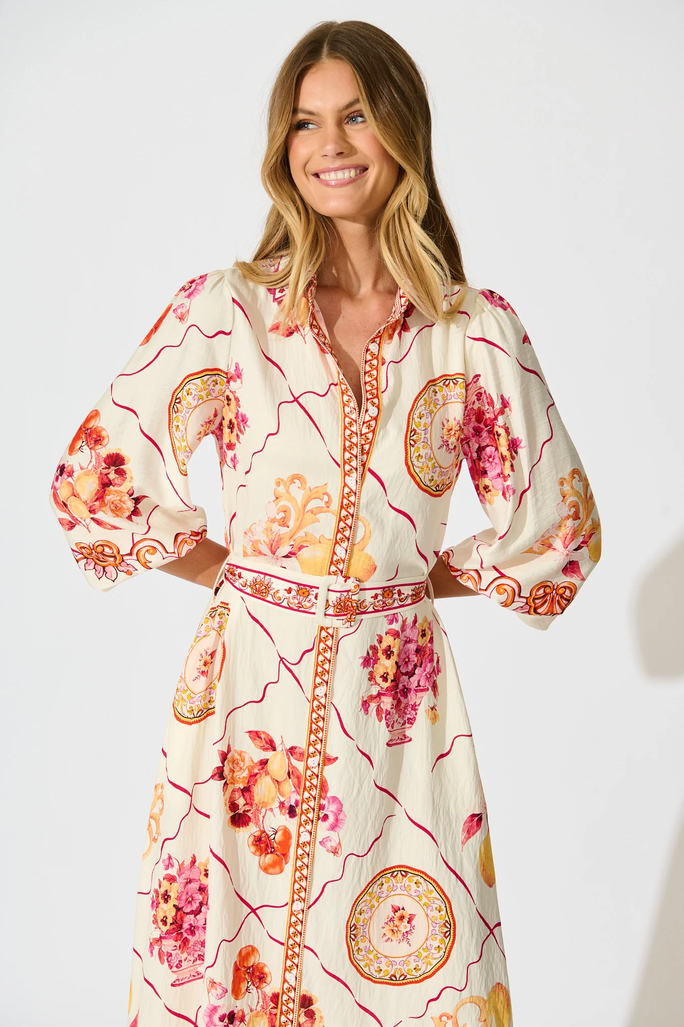 Callidora Maxi Shirt Dress In Pink Floral Print Linen Blend - Image 2