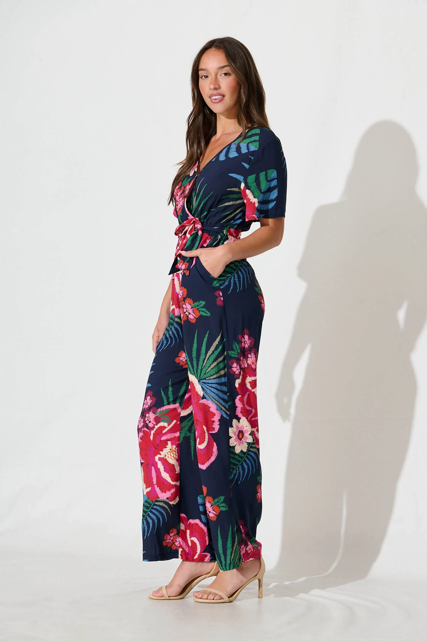 Calliope Jumpsuit In Navy With Red Floral Print - Image 3