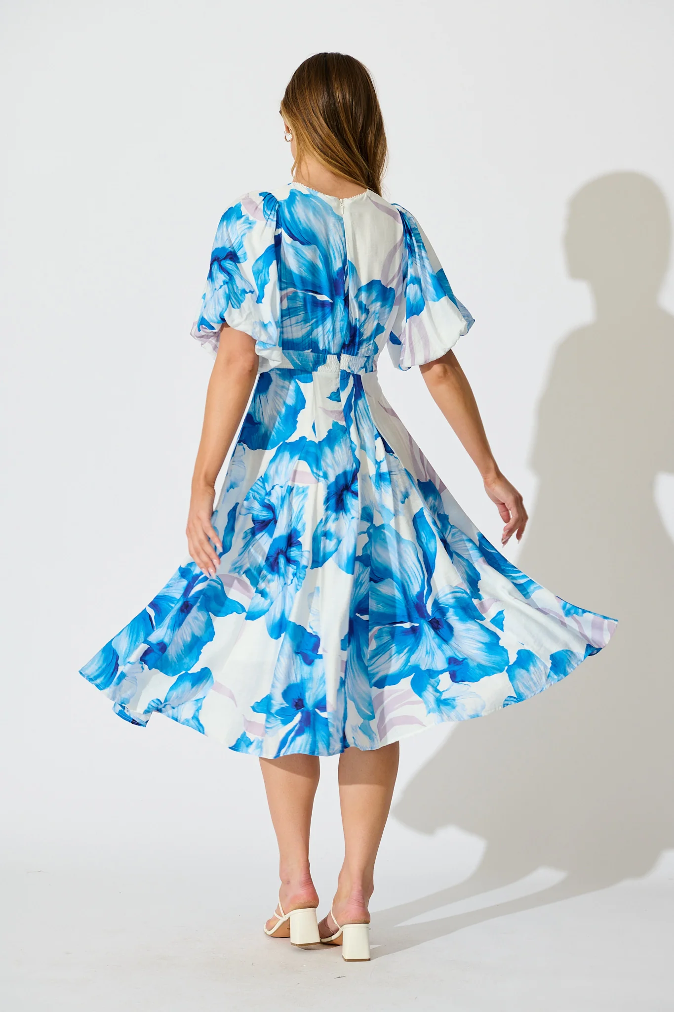 Callista Midi Dress in White with Blue Floral - Image 4