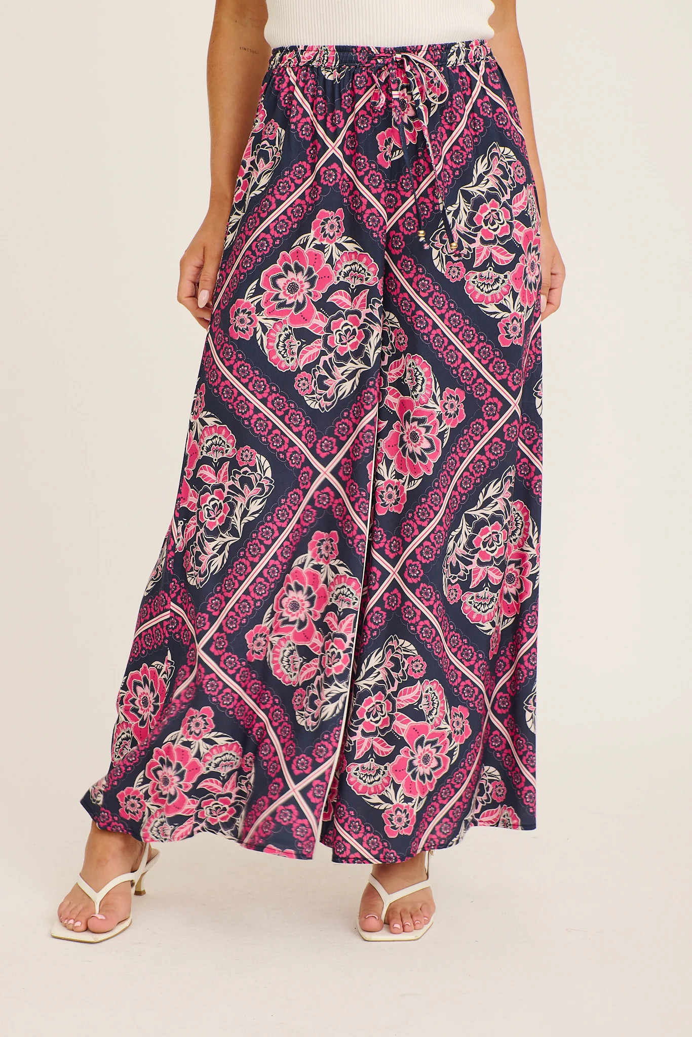 Cambree Pants in Navy with Pink Floral Tiles Print