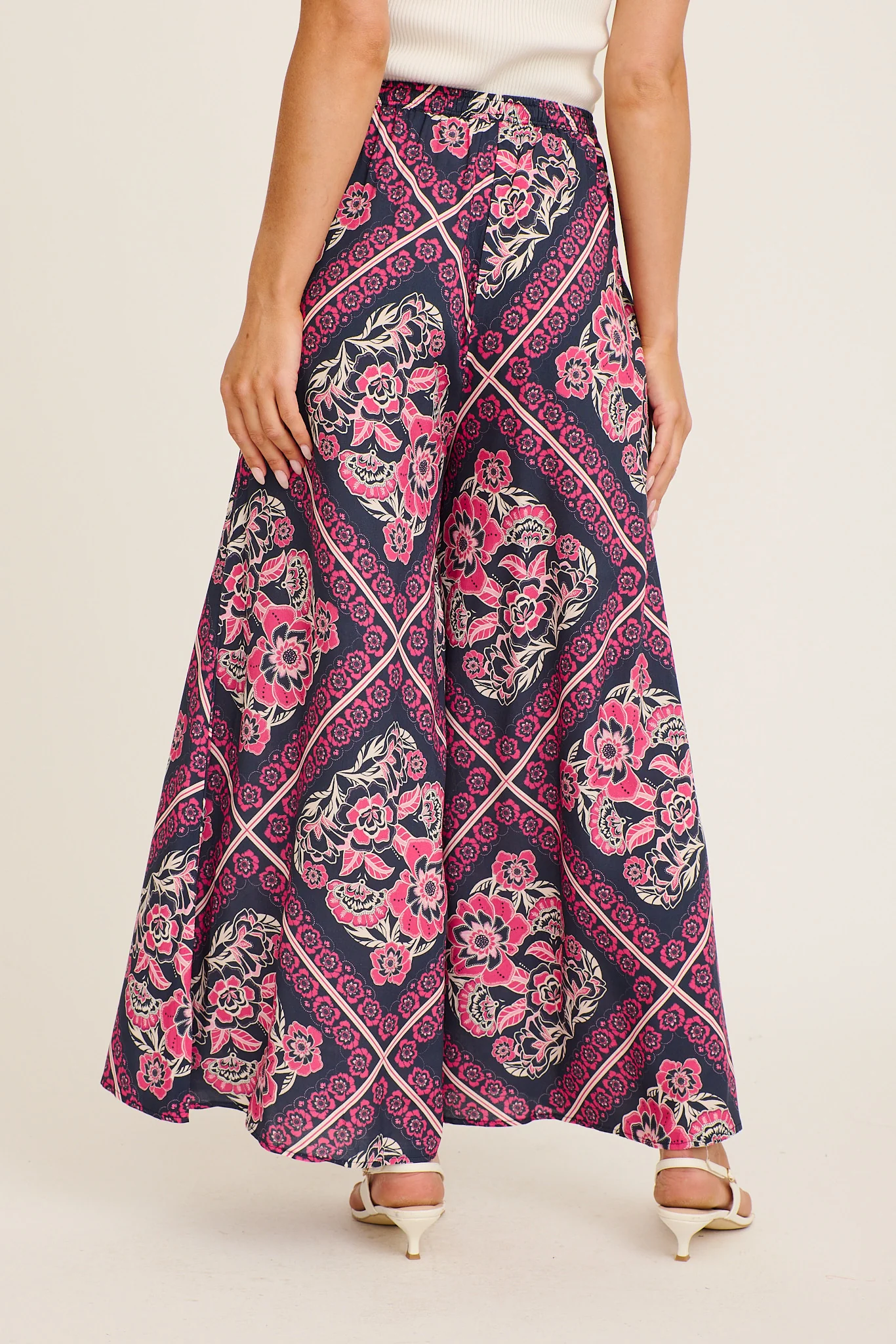 Cambree Pants in Navy with Pink Floral Tiles Print - Image 4