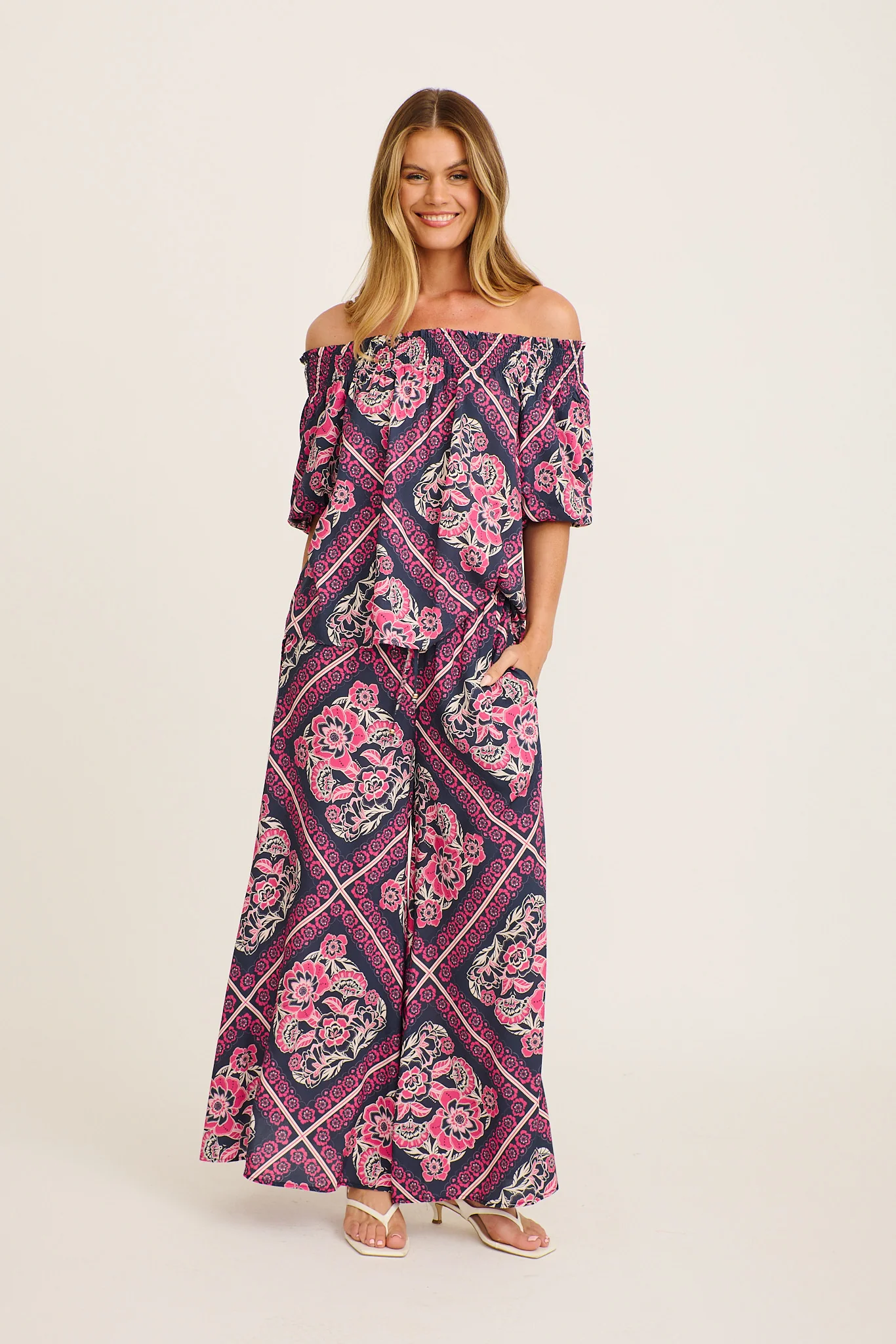 Cambree Pants in Navy with Pink Floral Tiles Print - Image 5