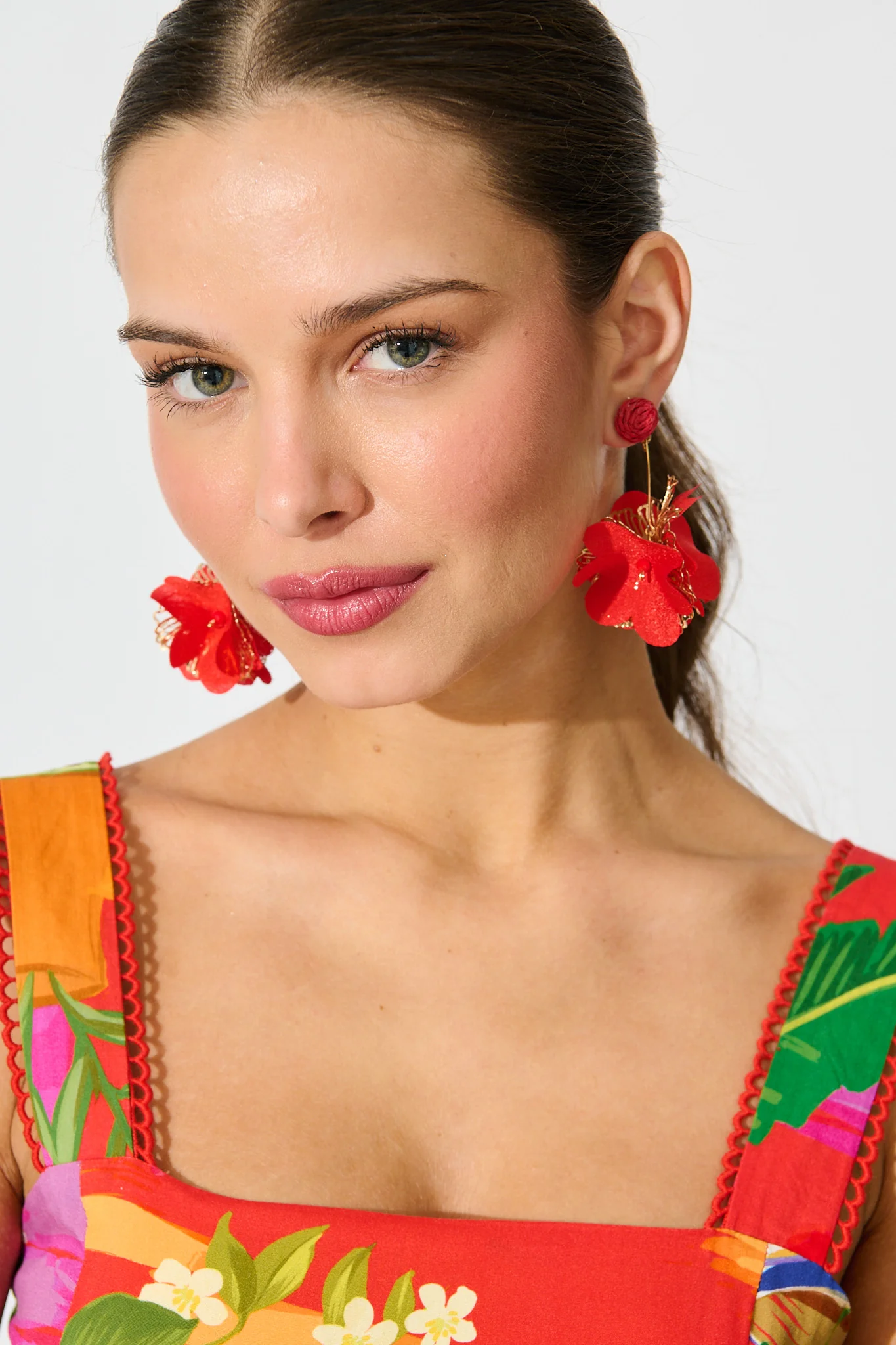 Camila Statement Earrings in Red and Gold Floral - Image 5