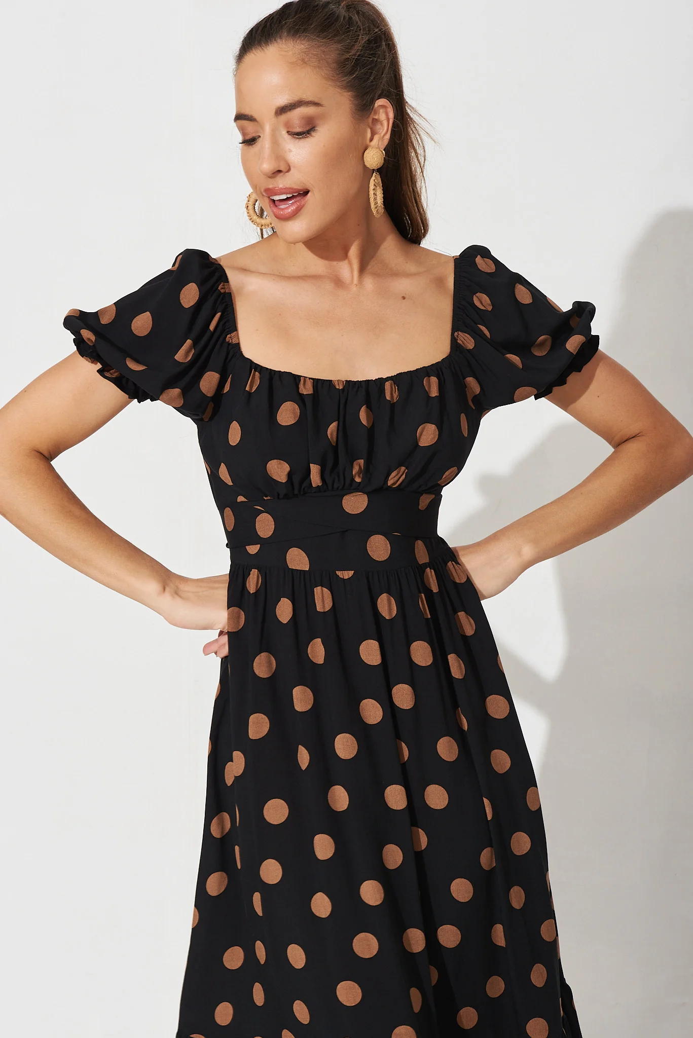 Candie Midi Dress In Black With Brown Spot - Image 2
