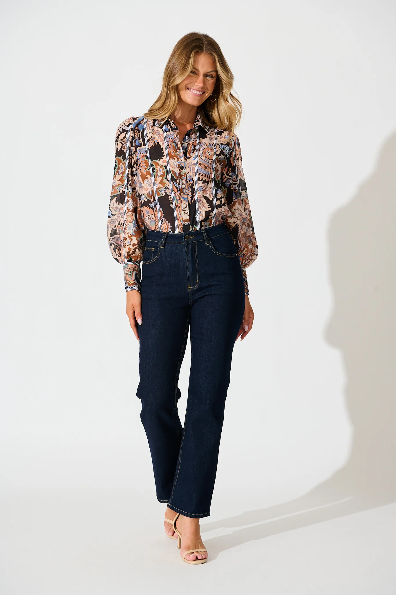 Caprice Shirt in Black Multi with Stripe Trim - Image 4
