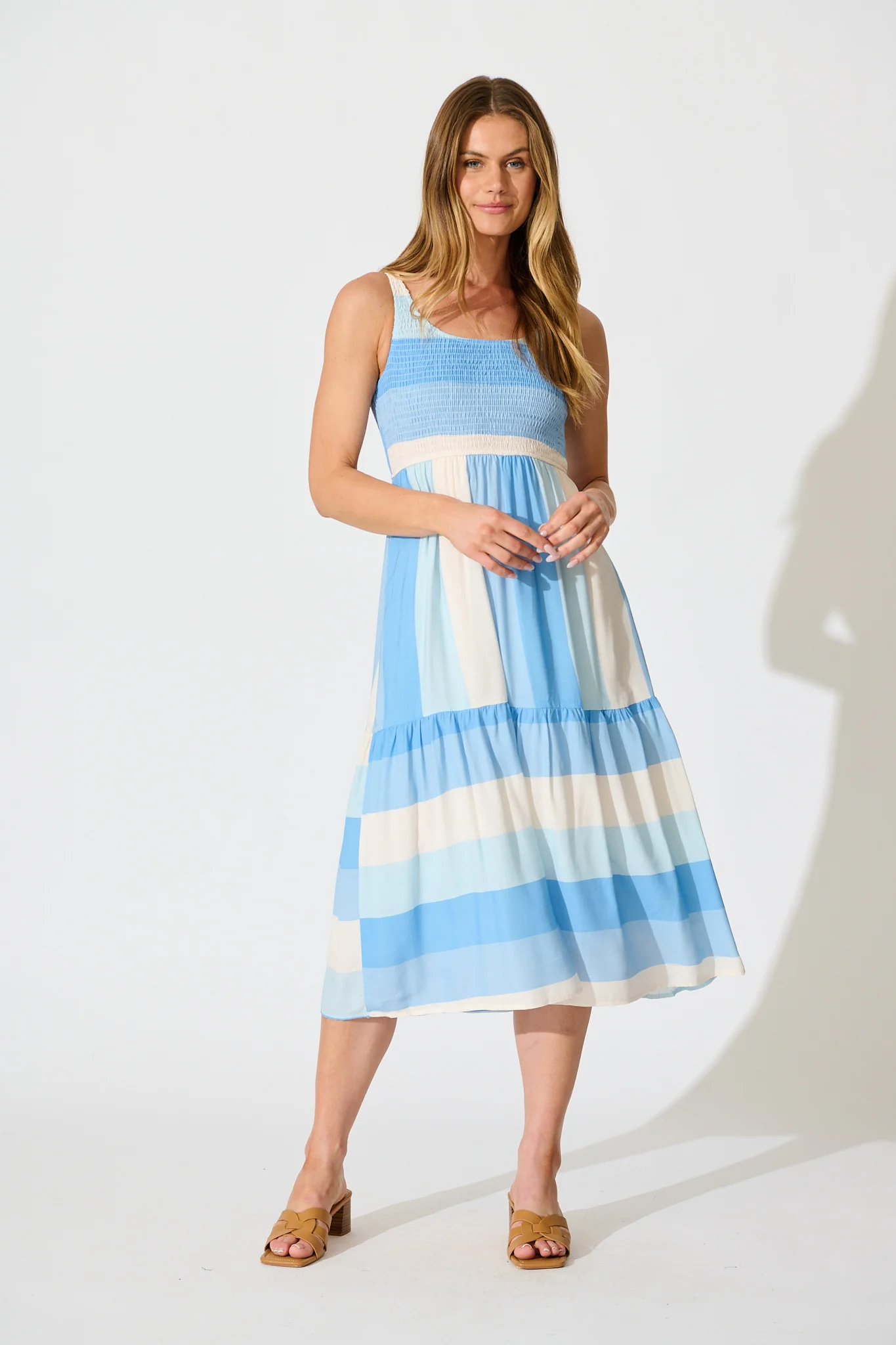 Caribbean Midi Dress In Blue with Cream Linen Blend
