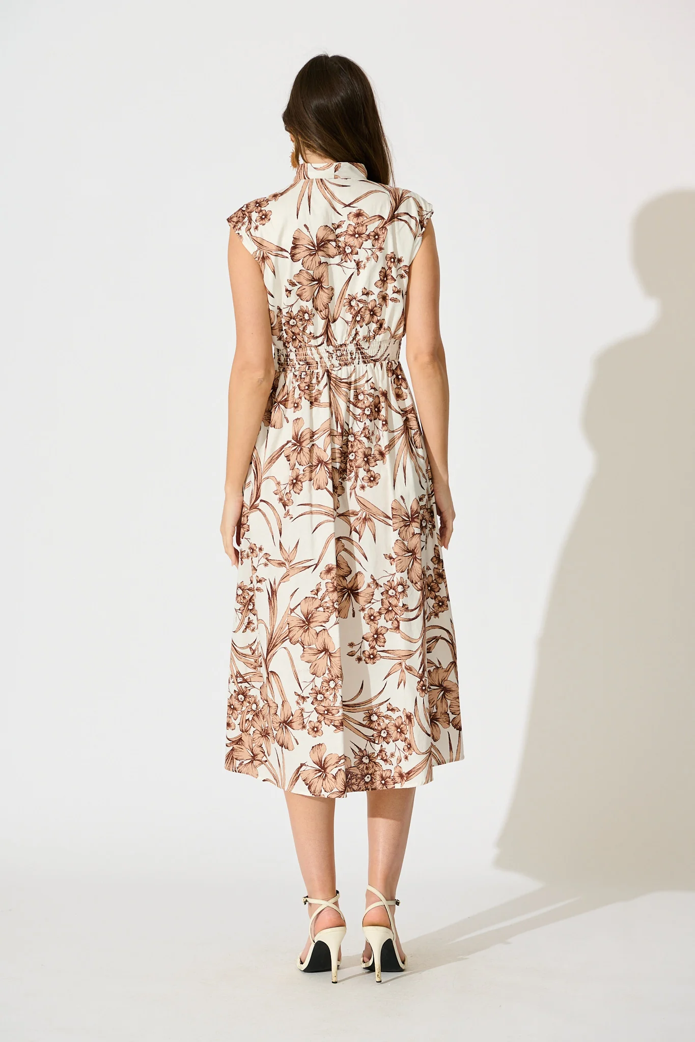 Carine Midi Dress in White with Brown Floral Print Cotton - Image 4