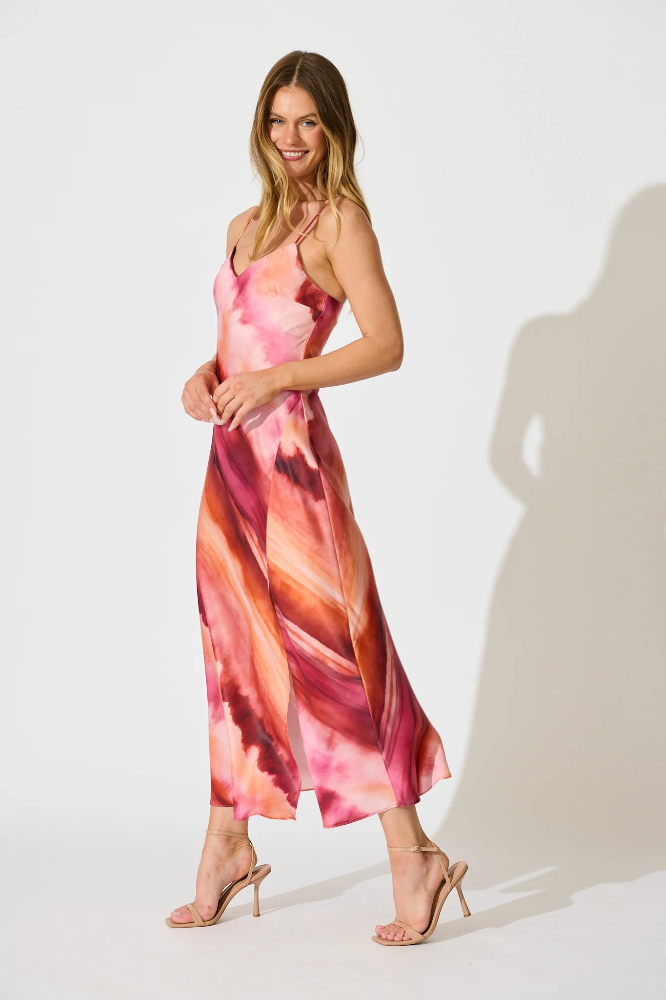 Carmel Maxi Dress in Pink with Red Watercolour Satin - Image 3