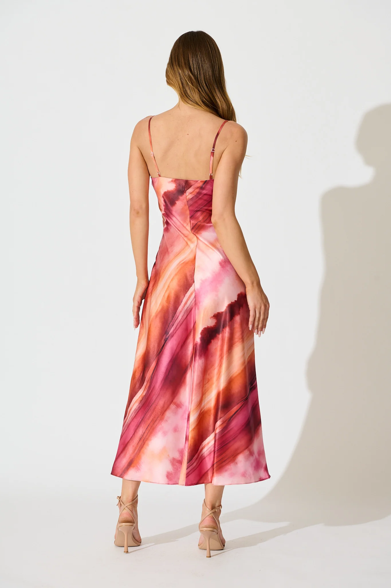 Carmel Maxi Dress in Pink with Red Watercolour Satin - Image 4
