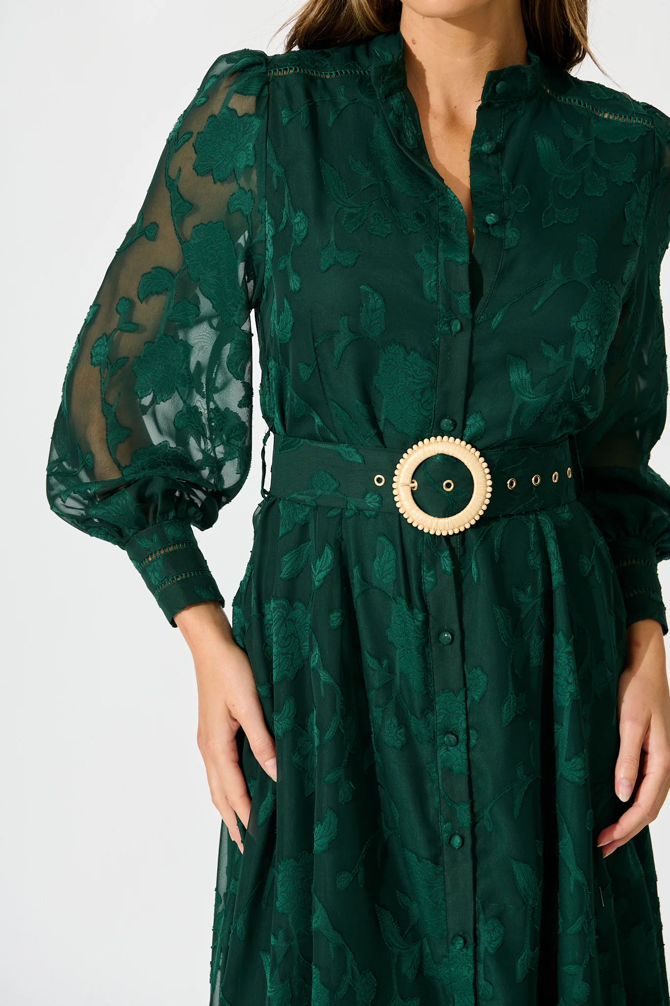 Carolina Midi Dress in Emerald Floral Burnout Chiffon - Image 5