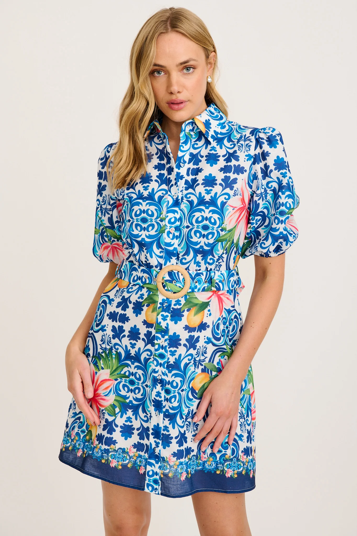 Casa Rose Shirt Dress in Blue Multi Tiles Print Linen Blend - Image 2