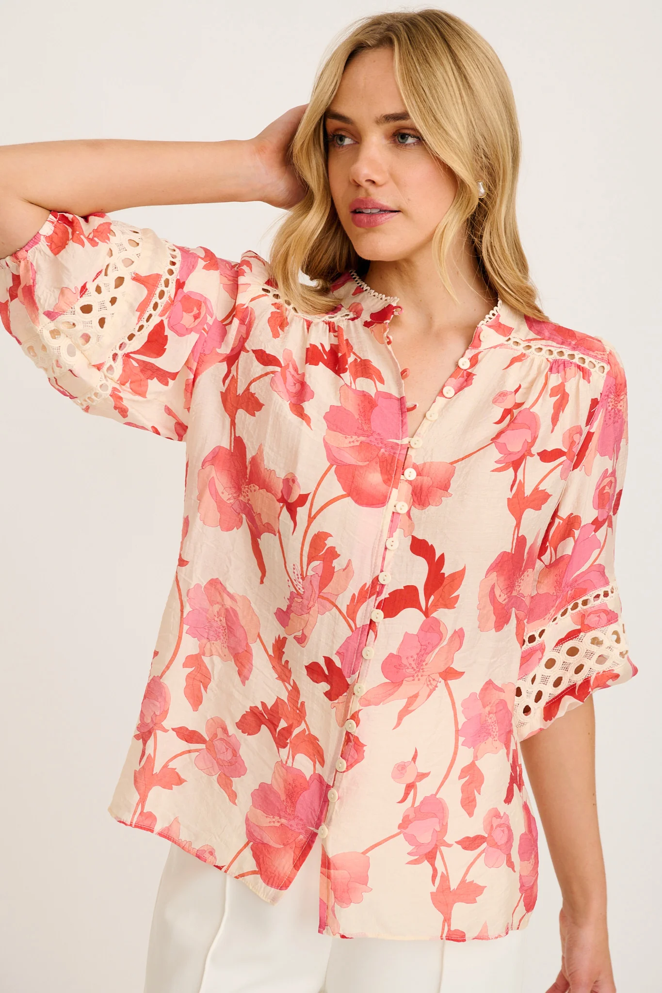 Cascades Top in Cream with Pink Floral