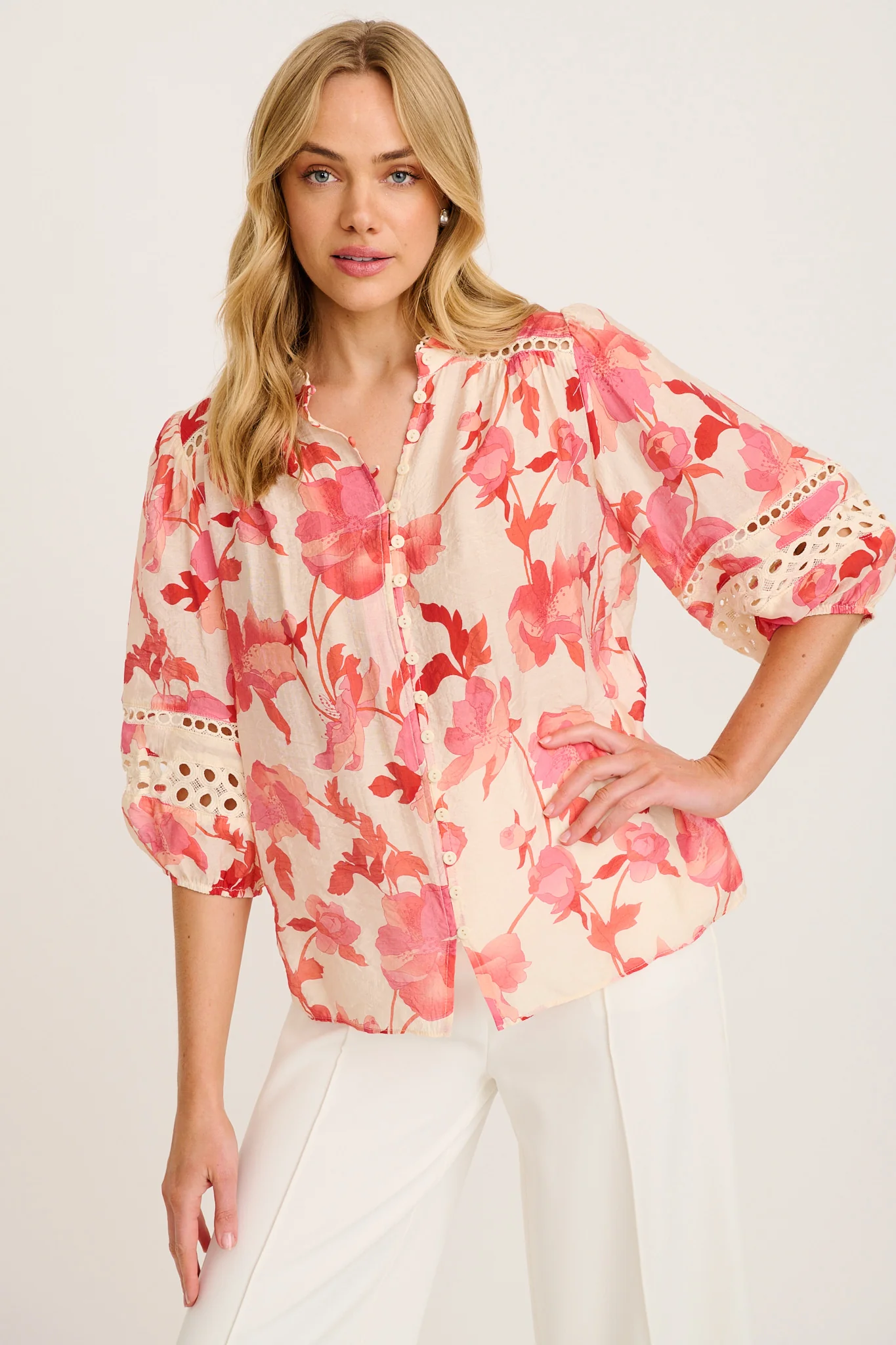 Cascades Top in Cream with Pink Floral - Image 5