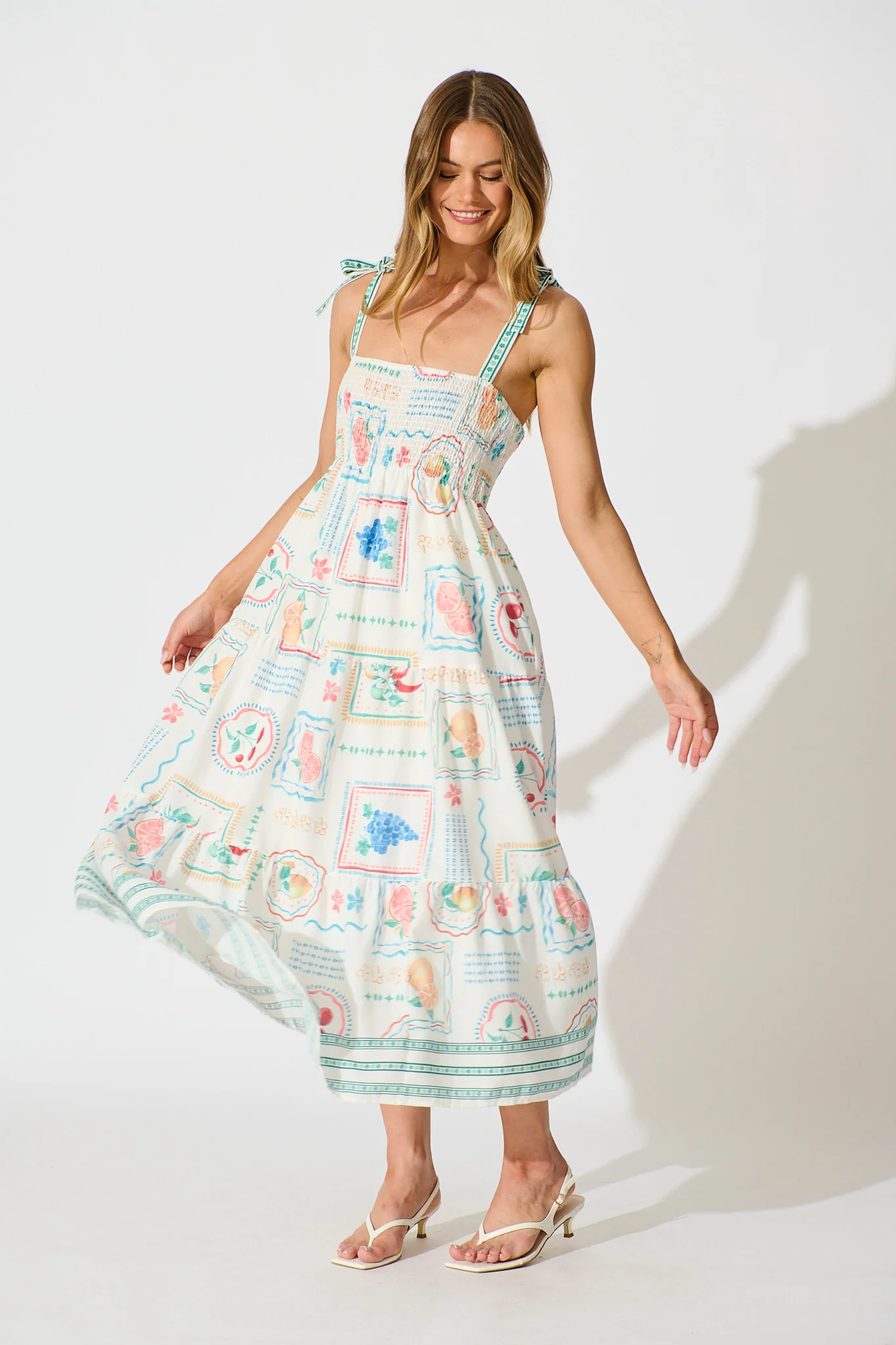 Catia Maxi Sundress in White with Green Multi Linen Blend