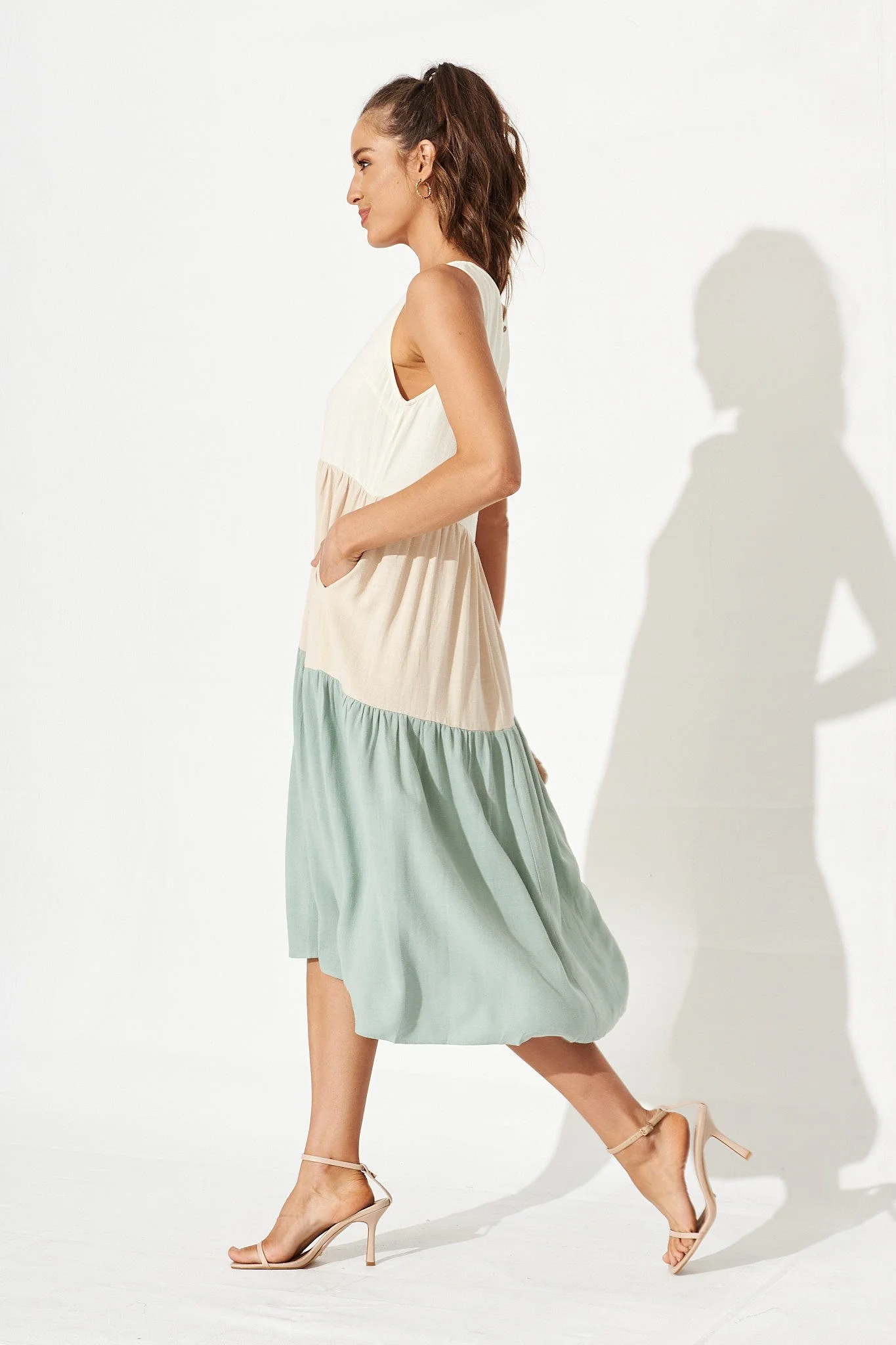 Cecily Midi Dress In Dusty Teal Colourblock Linen - Image 3