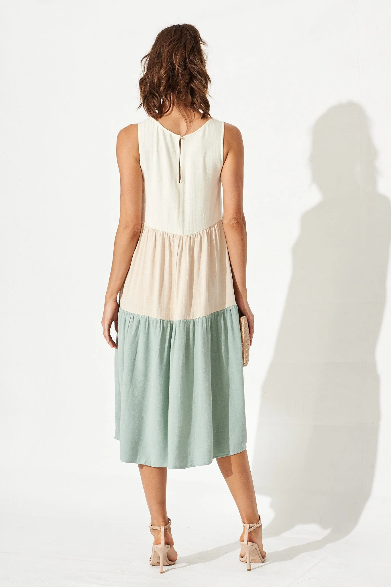 Cecily Midi Dress In Dusty Teal Colourblock Linen - Image 4