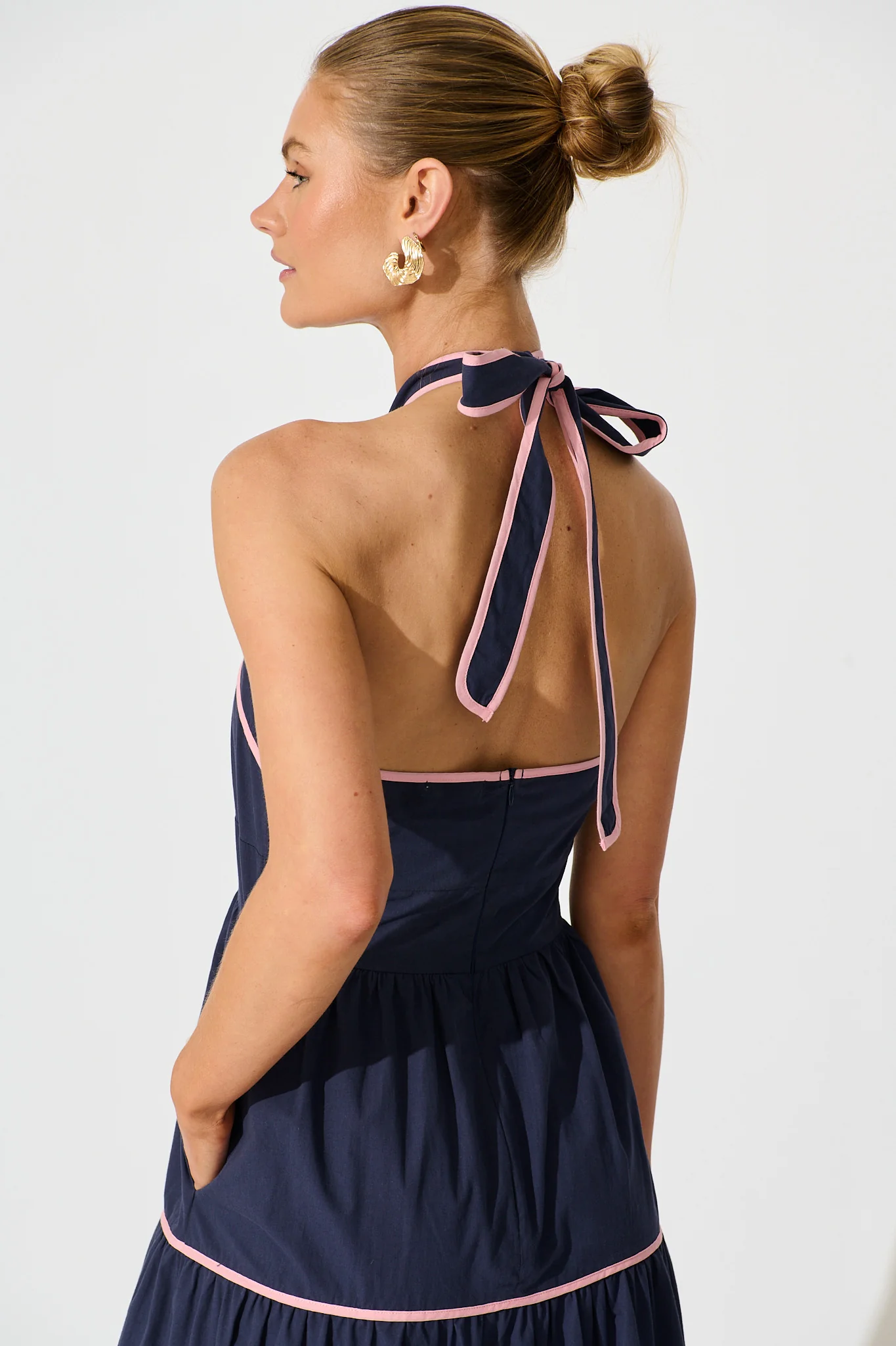 Celandine Halter Neck Maxi Dress in Navy Cotton - Image 5