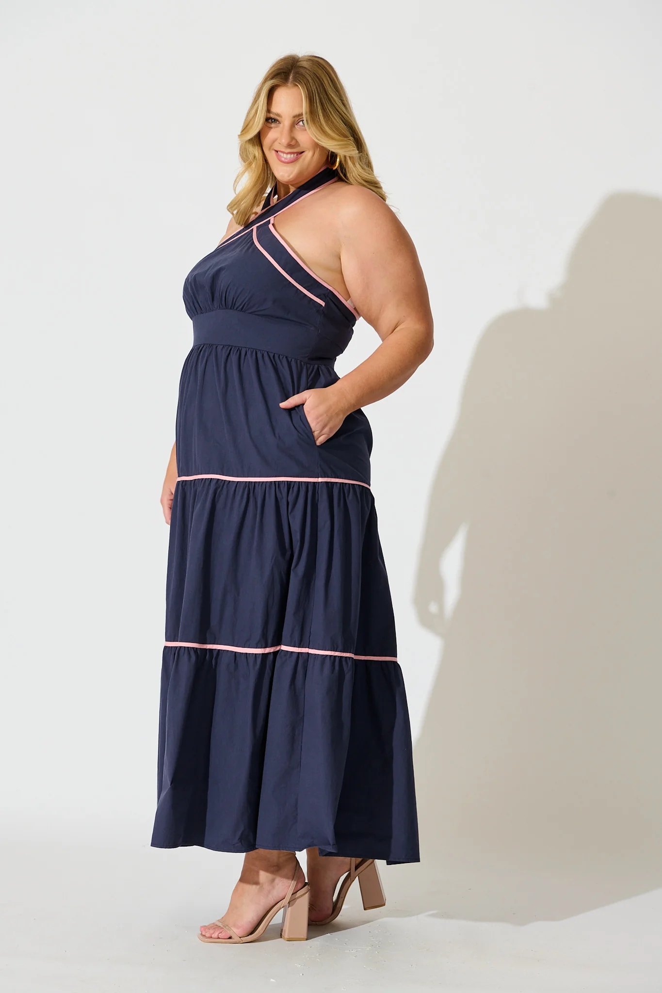 Celandine Halter Neck Maxi Dress in Navy Cotton - Image 8
