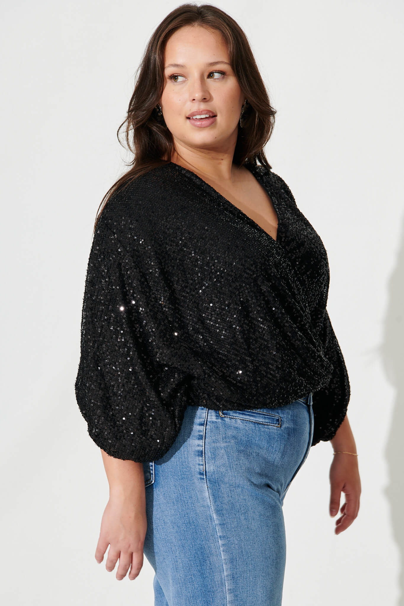 Celebration Sequin Mock Wrap Top In Black - Image 6