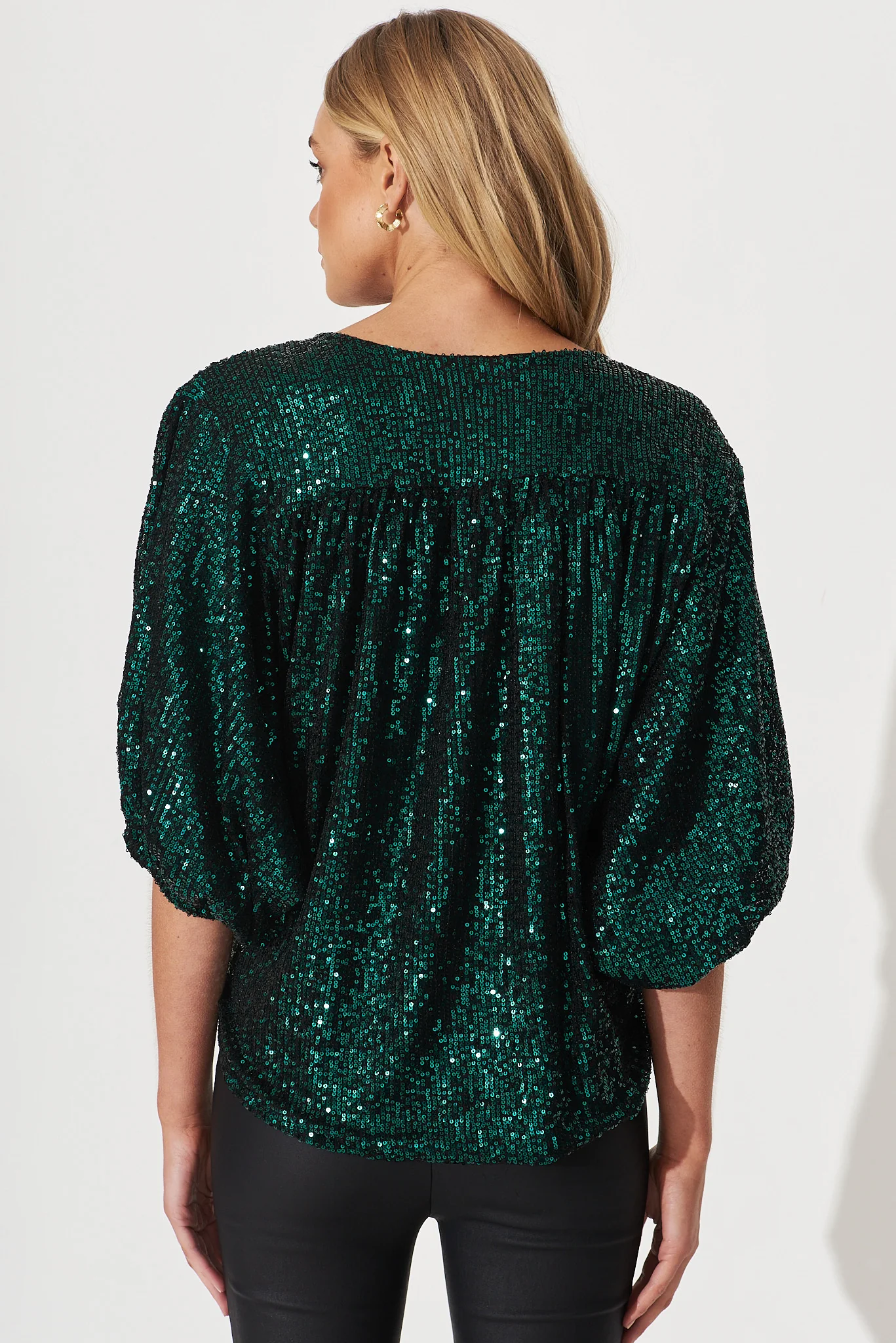 Celebration Sequin Mock Wrap Top In Green - Image 4