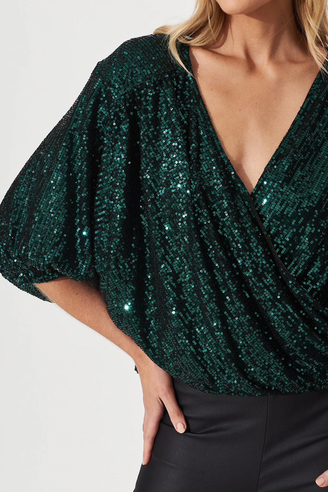Celebration Sequin Mock Wrap Top In Green - Image 5