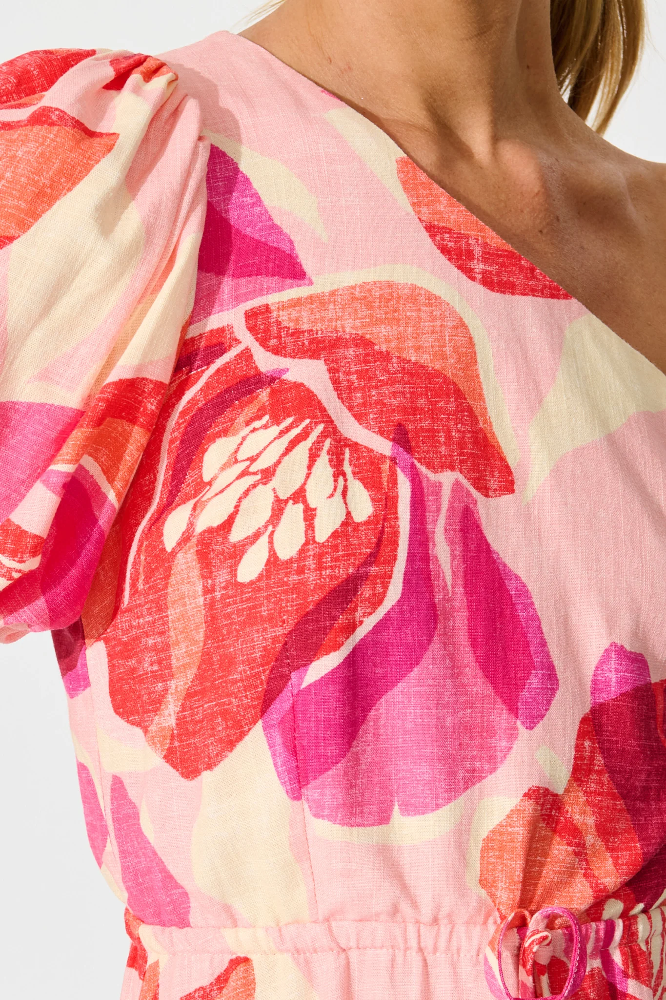 Celeste Bloom One Shoulder Dress in Multi Blush Floral Linen Blend - Image 6