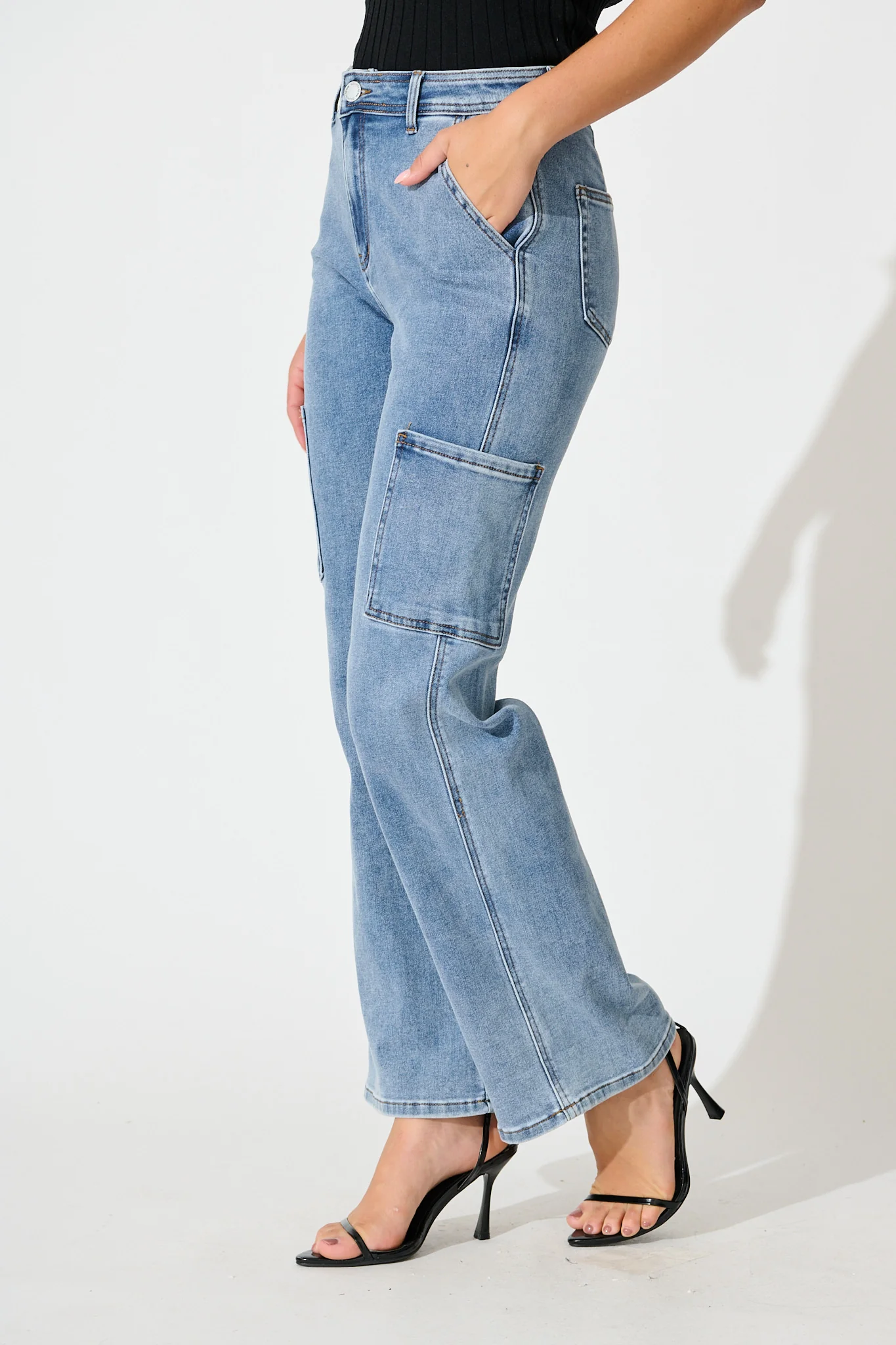 Celeste High Rise Straight Cargo Jean in Mid Blue Denim - Image 2