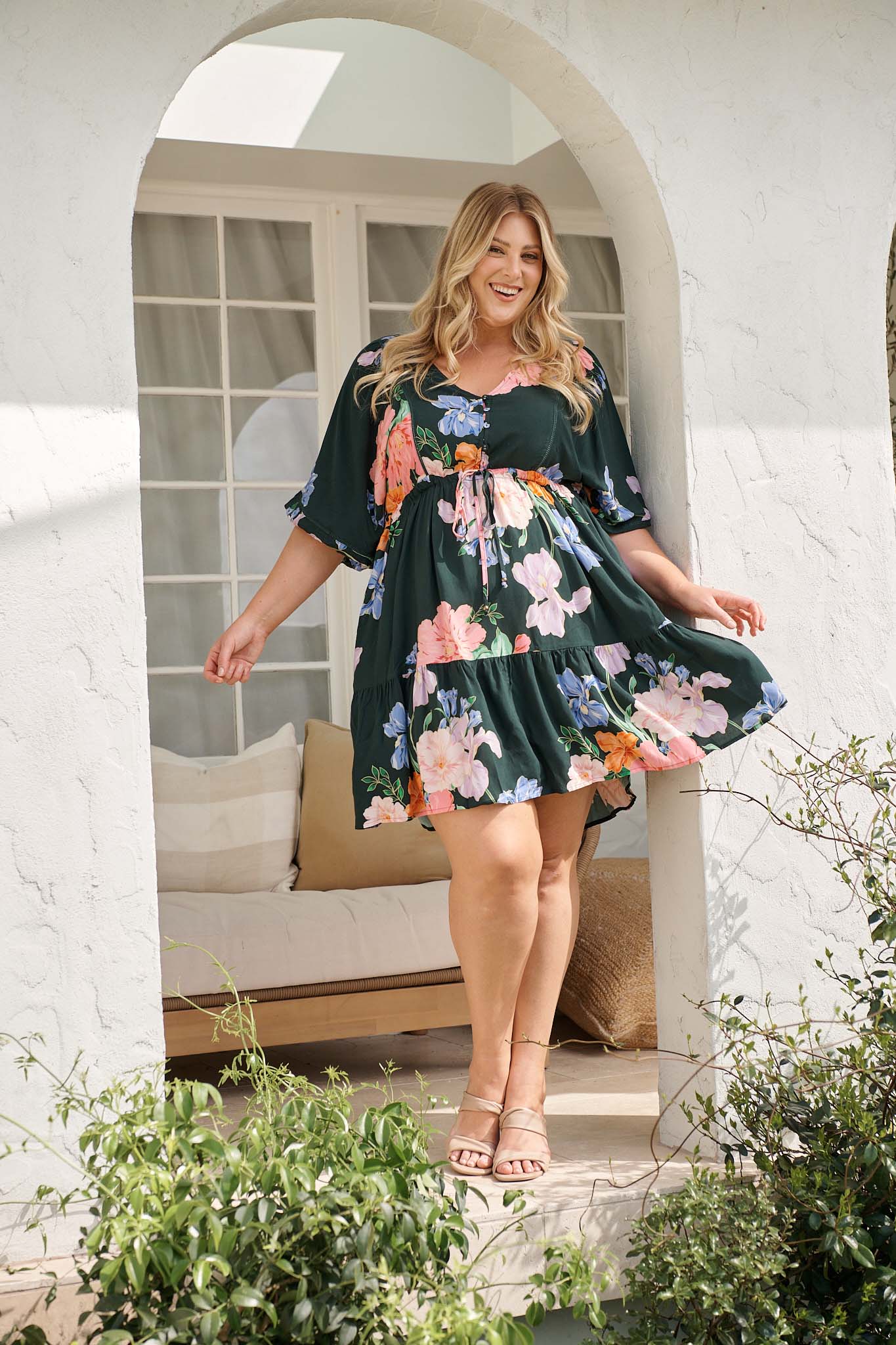 Celeste Petal Dress in Green with Multi Floral