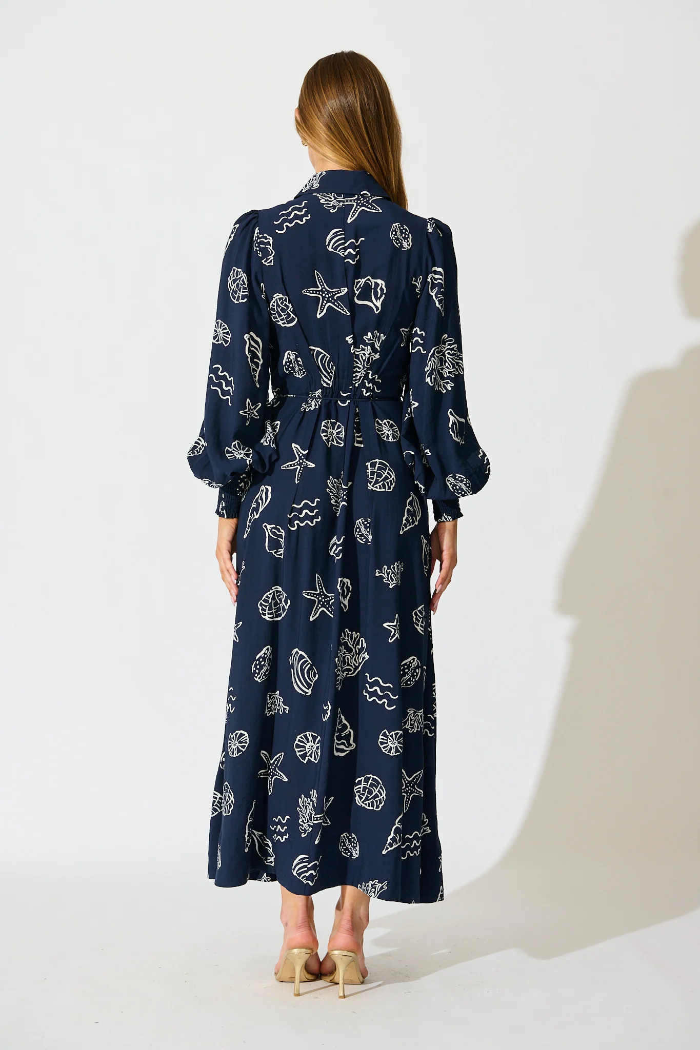 Celestial Reef Maxi Shirt Dress in Navy with White Shell Print - Image 4