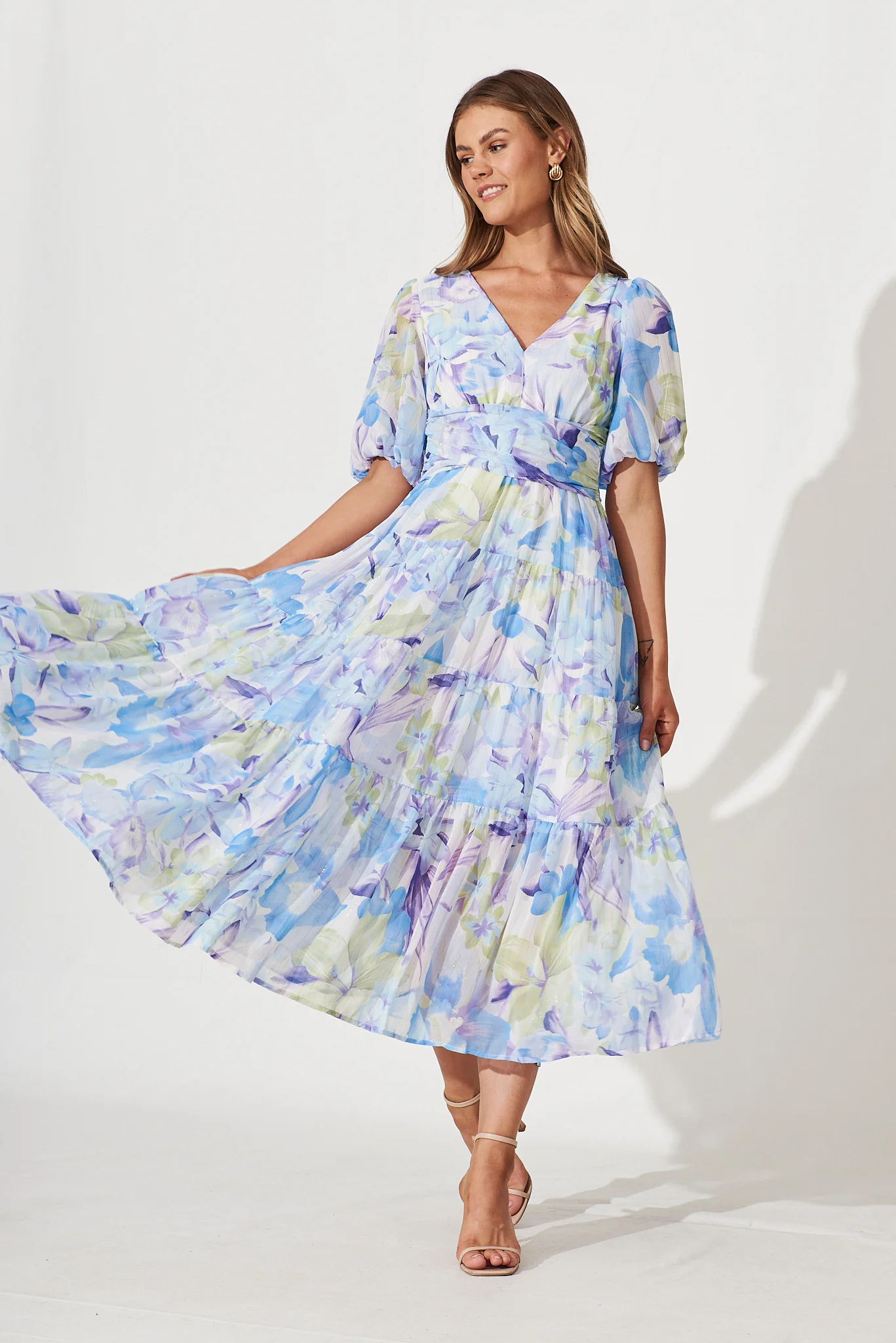 Celine Midi Dress In Blue With Green Watercolour Floral Print