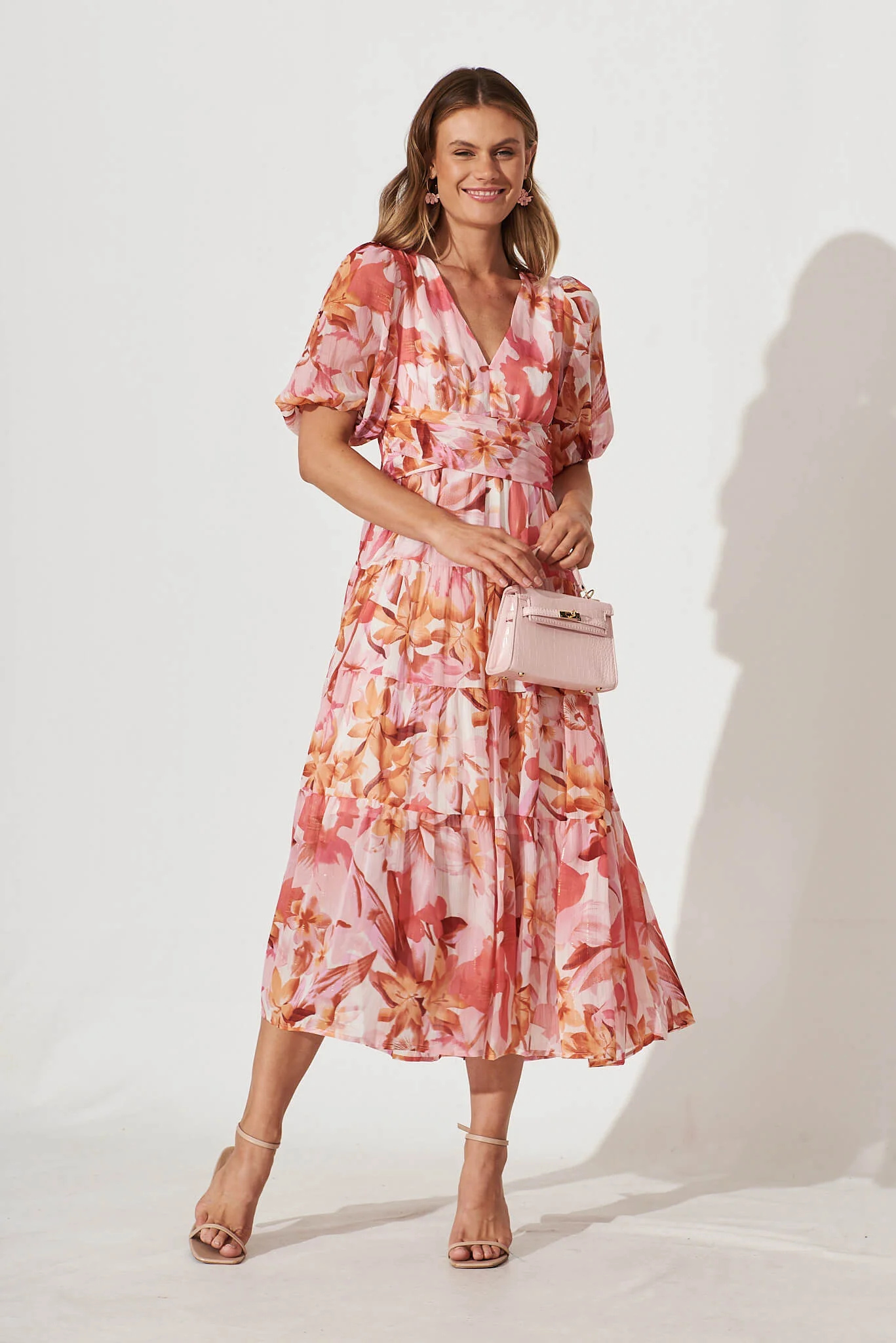 Celine Midi Dress in Pink Floral Lurex Chiffon - Image 5