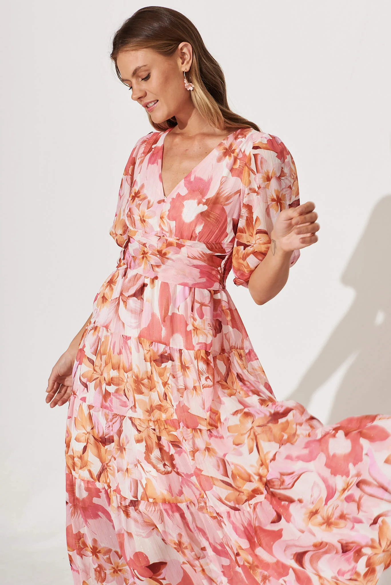 Celine Midi Dress in Pink Floral Lurex Chiffon - Image 6