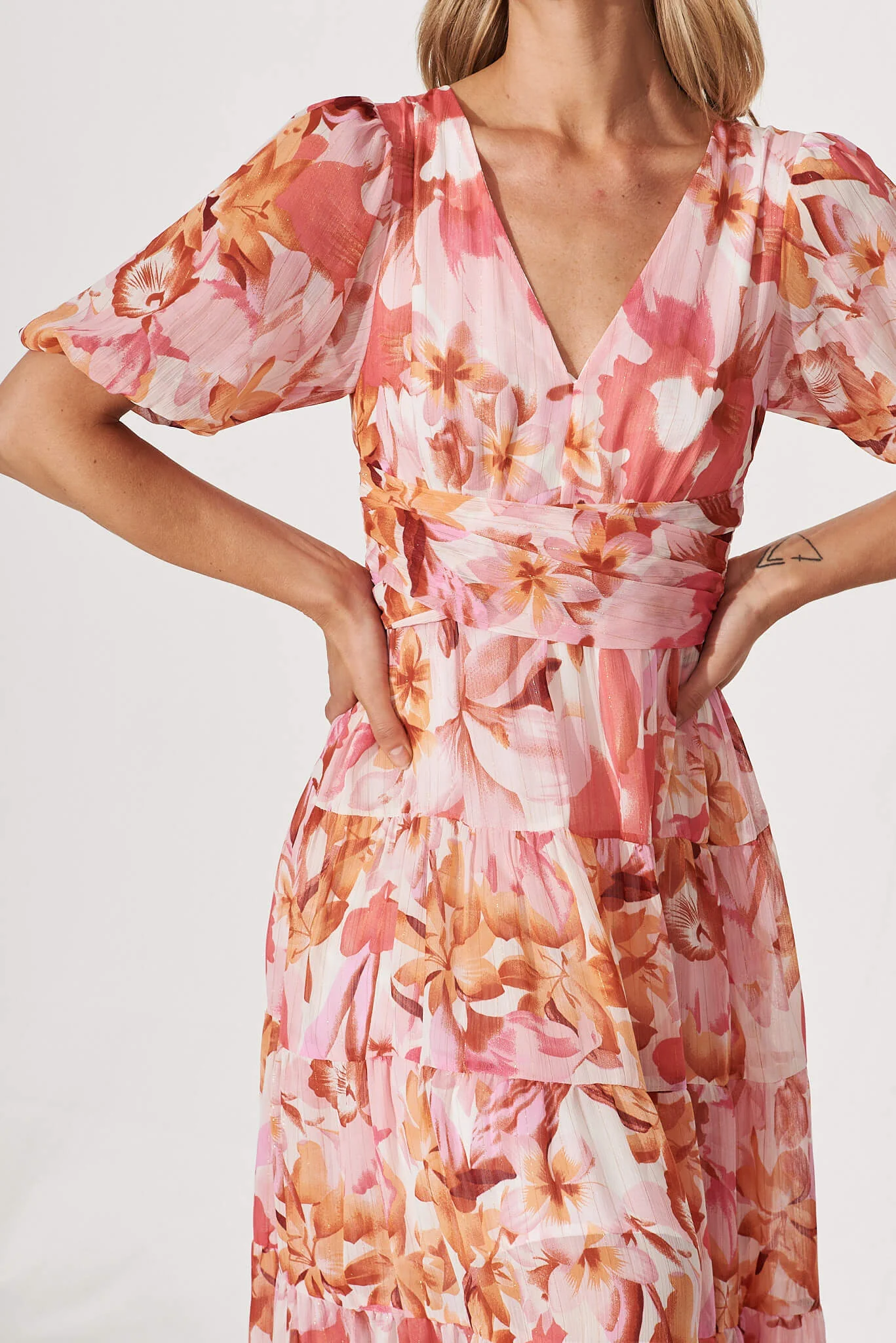 Celine Midi Dress in Pink Floral Lurex Chiffon - Image 7